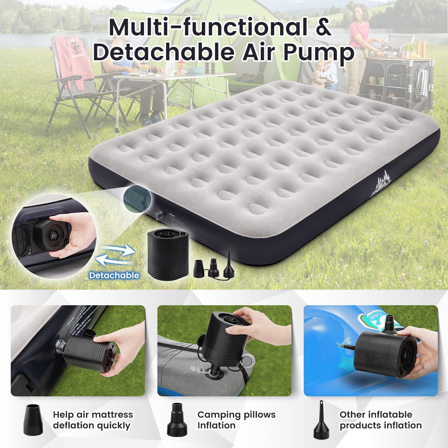 Colchón inflable Queen con bomba de batería integrada de 2500 mAh de 10 pulgadas de altura, colchón inflable de infladodesinflado rápido y fácil
