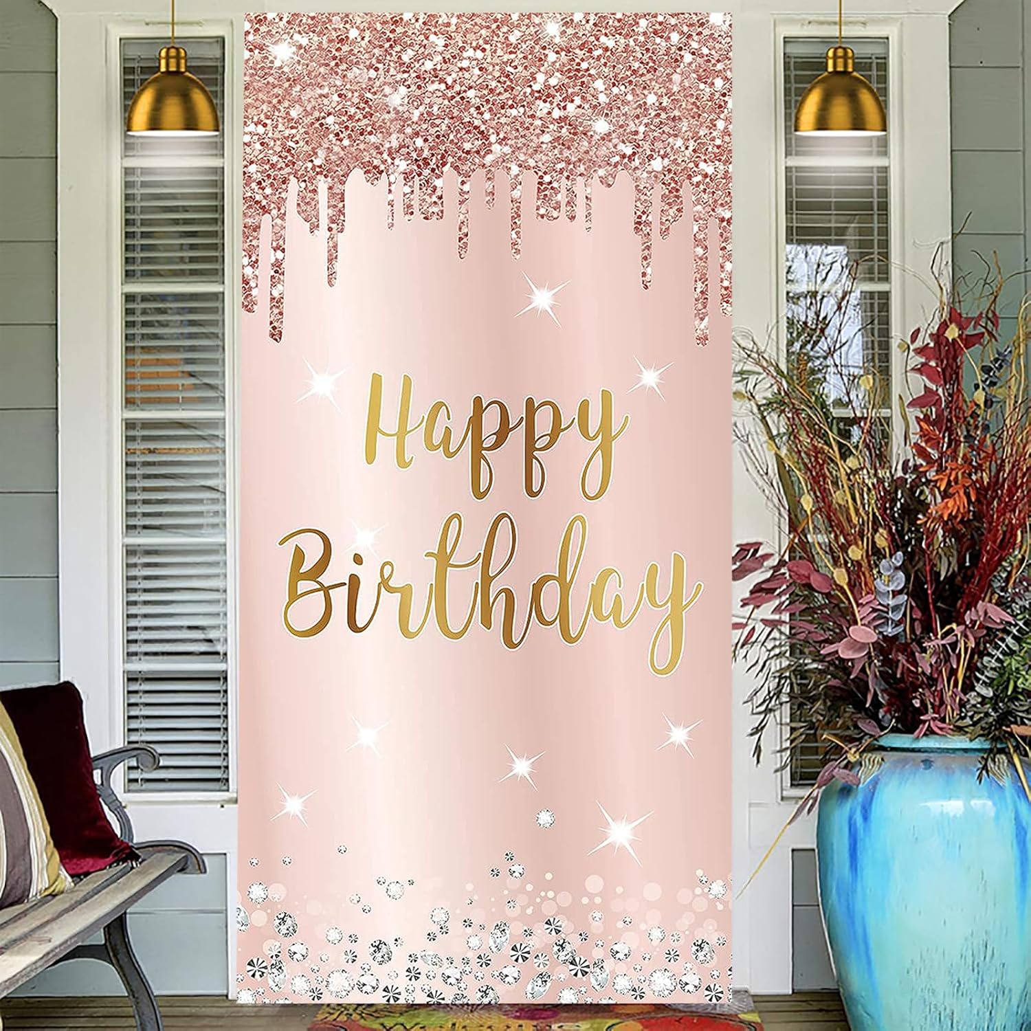 Cartel decorativo de puerta de cumpleaños para mujer, cartel de puerta de telón de fondo, letrero de feliz cumpleaños de oro rosa, suministros de