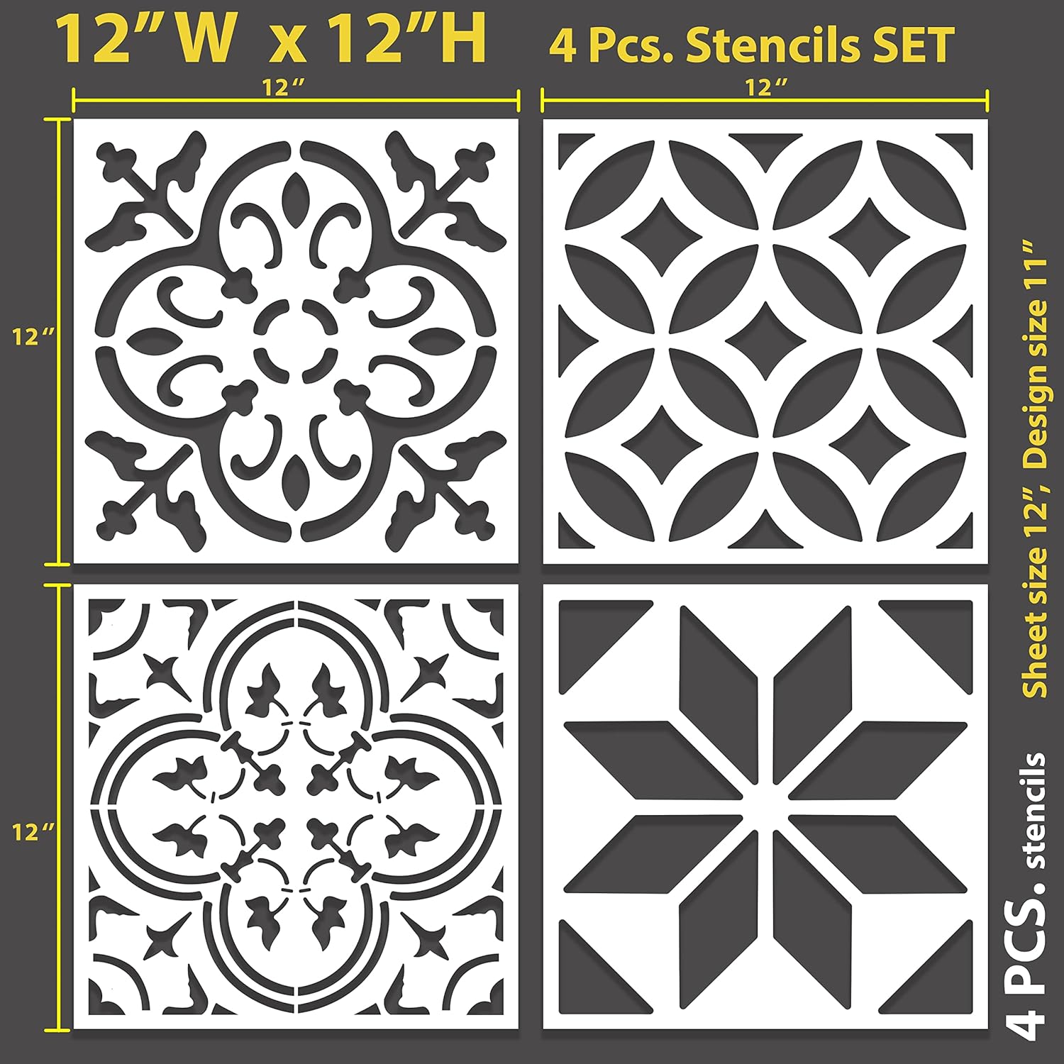 STENCILOGY  4 piezas de 12 x 12 pulgadasjuego de plantillas de azulejos reutilizables para pintura, muebles, suelohogar plantillas de pared de