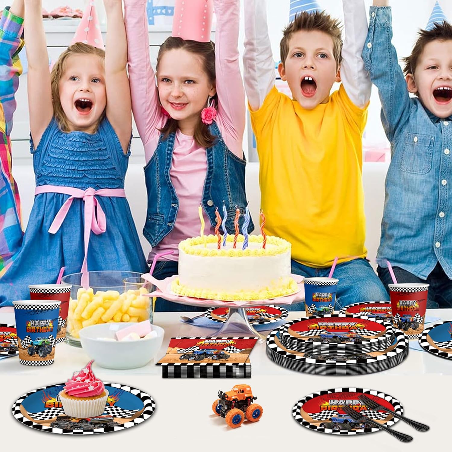120 piezas de decoración de fiesta de cumpleaños para camiones, suministros para 24 platos grandes para camiones y servilletas, tenedores, autos de