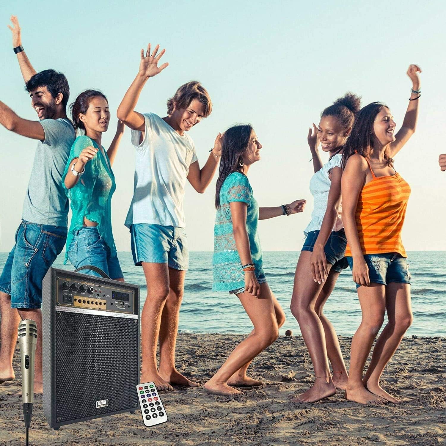 EMB Amplificador de guitarra de 300 vatios con altavoz PA portátil inalámbrico Sistema de sonido de subwoofer de 6.5 pulgadas con Bluetooth, USB,