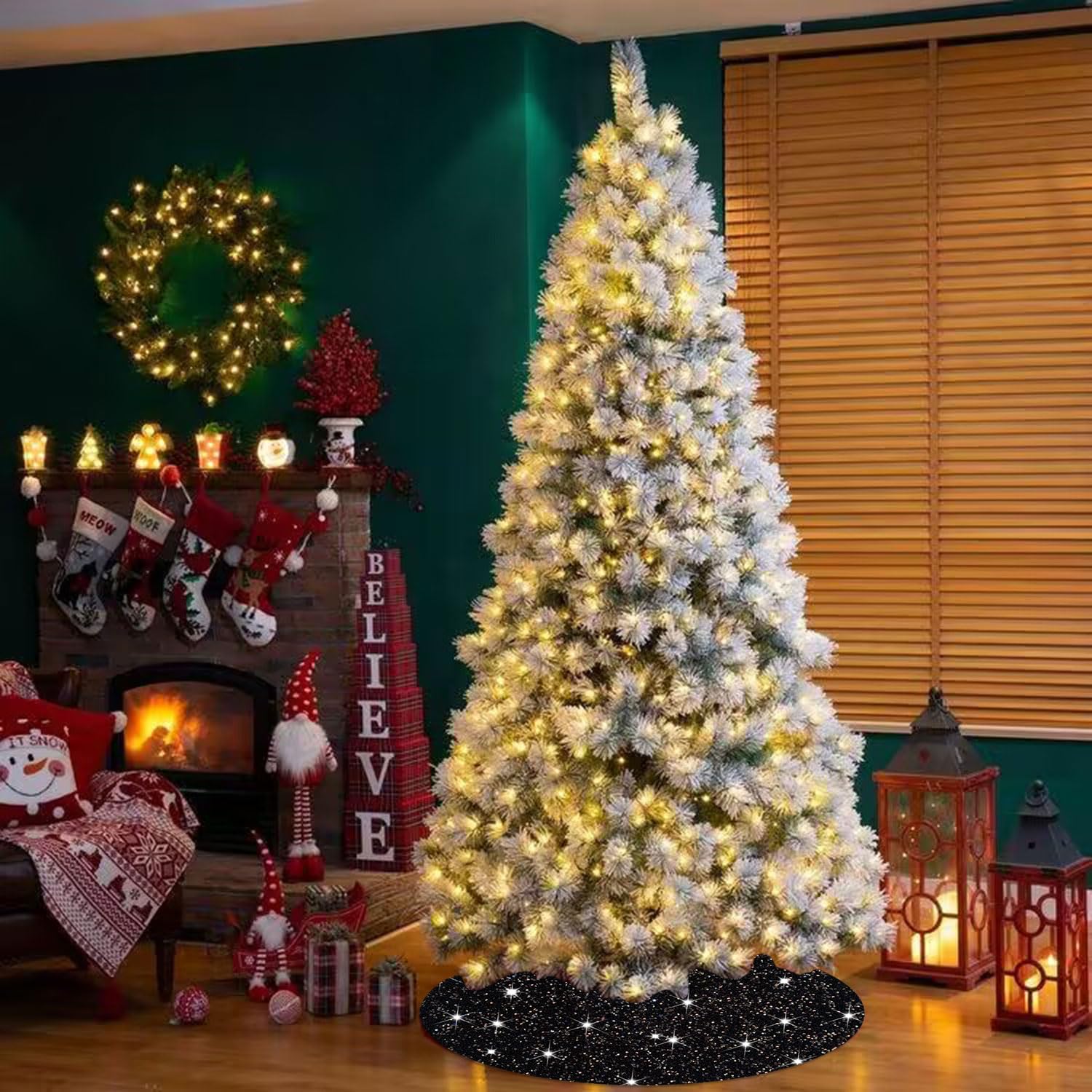 Falda negra para árbol de Navidad con lentejuelas, falda de árbol de Navidad de 21 pulgadas, falda de árbol de Halloween, cubierta gótica para árbol