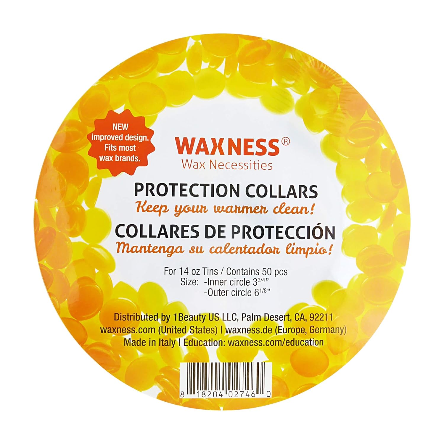 Paquete de 50 collares de protección de cera Waxness, color amarillo, se adapta a la mayoría de marcas de lata de 14 onzas