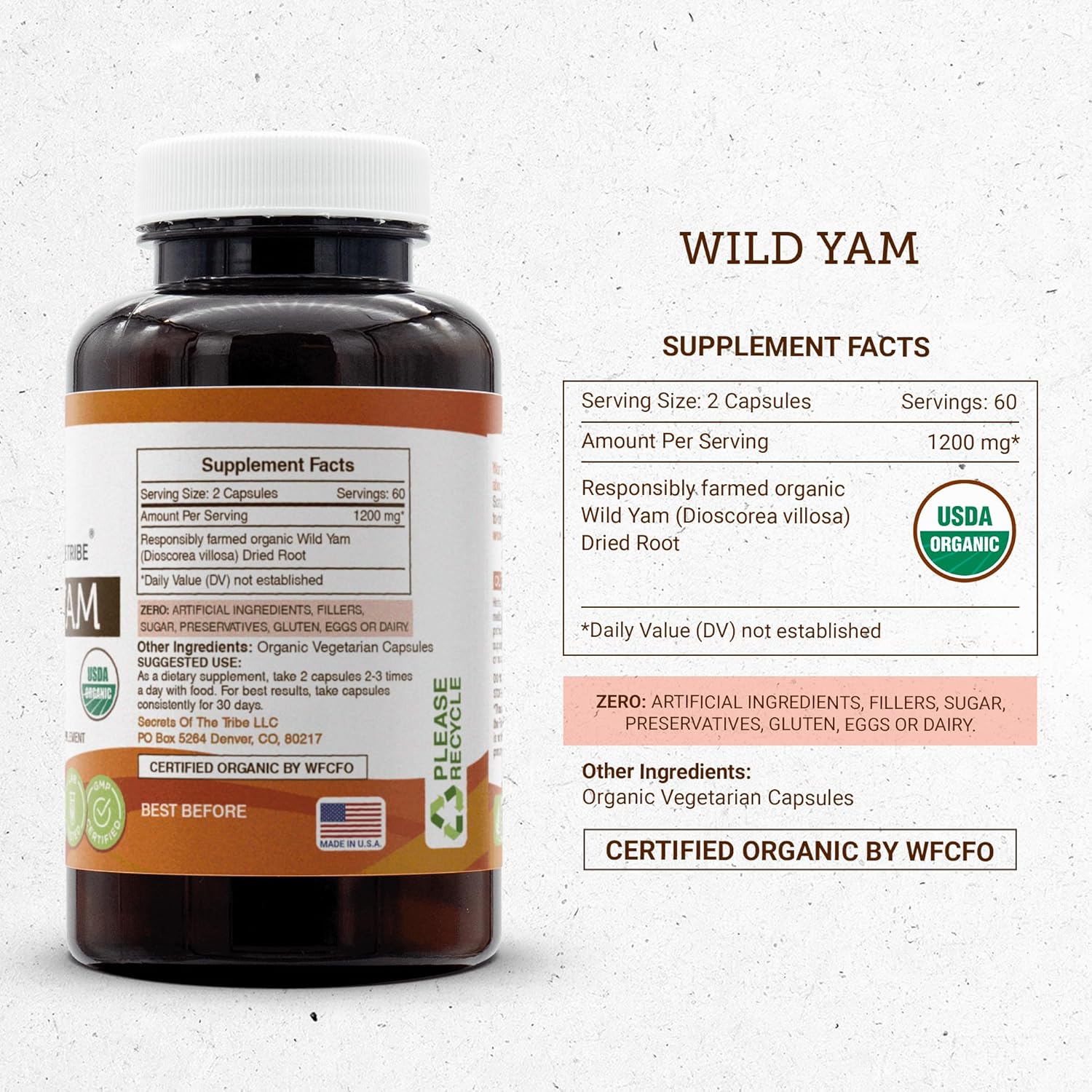 Secrets of the Tribe Wild Yam USDA Organic 120 cápsulas  Fabricado con cápsulas vegetarianas orgánicas y ñame silvestre orgánico cultivado