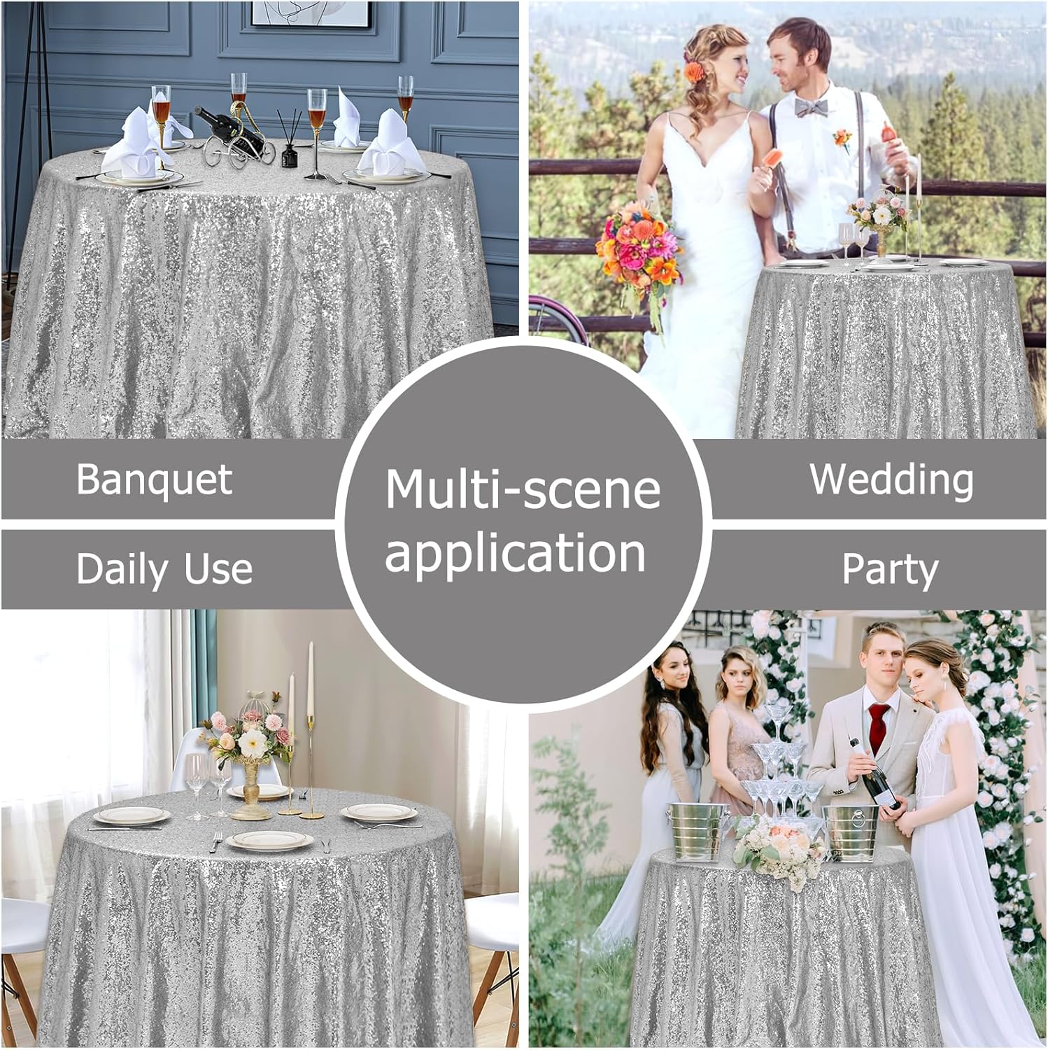Mantel redondo de lentejuelas plateadas brillantes de 72 pulgadas, mantel de lentejuelas para tartas, ropa de cama de lentejuelas para boda