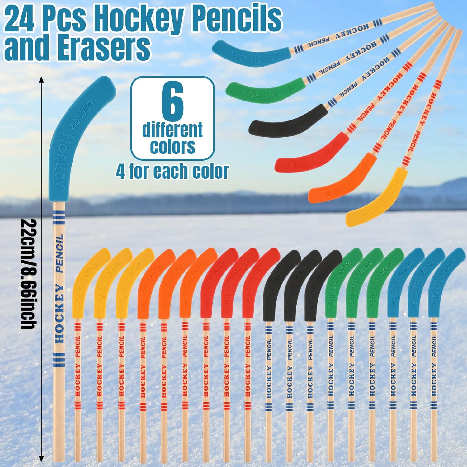 72 piezas de recuerdos de fiesta de hockey incluyen 24 lápices de hockey con borradores, 24 pelotas de hockey, 24 bolsas, lápices de palo de hockey,
