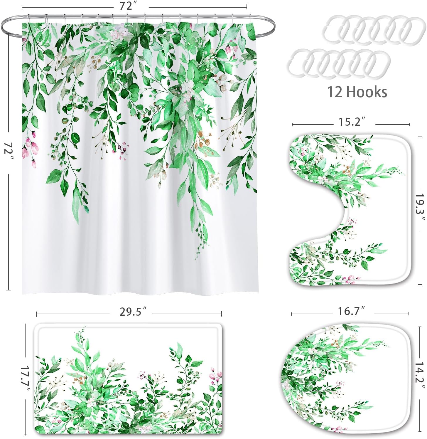 MitoVilla Juego de 4 piezas de baño de eucalipto verde esmeralda con cortina de ducha y alfombras, juegos de cortinas de ducha florales con