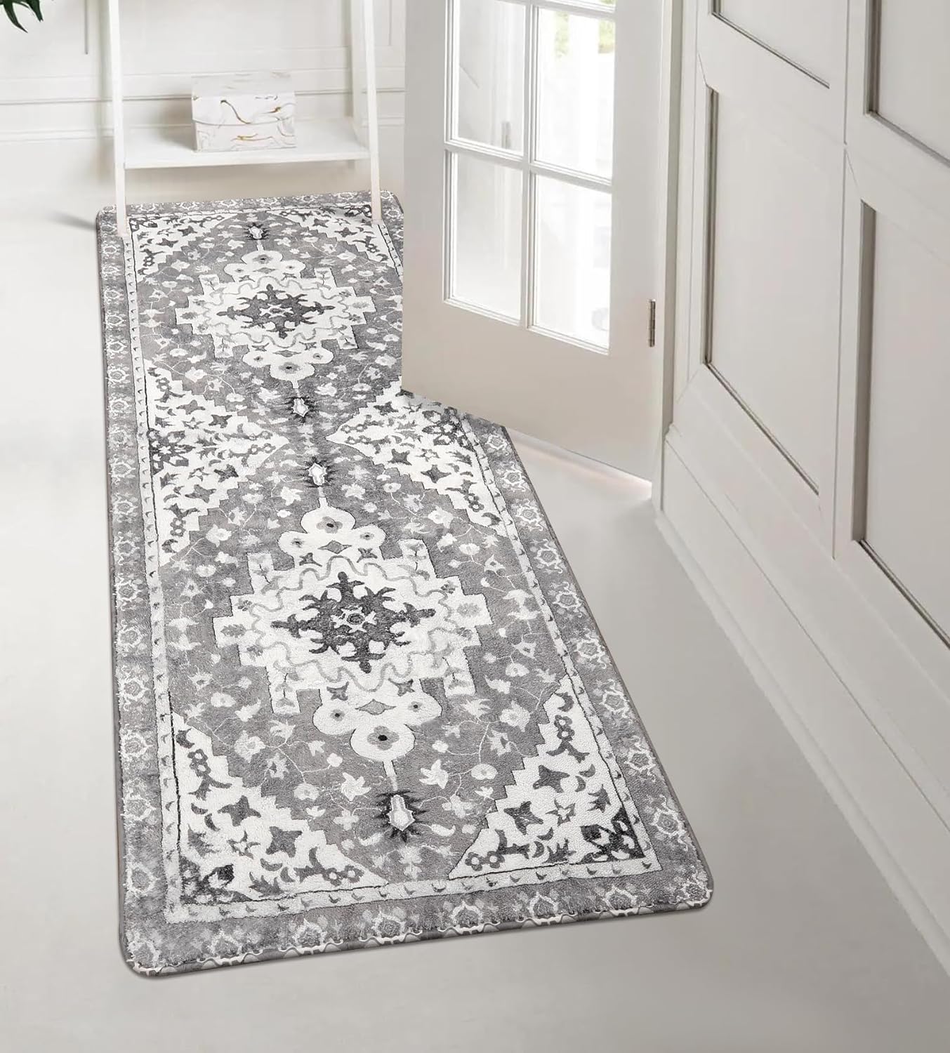 Uphome Alfombra de pasillo de baño, estilo bohemio, vintage, gris, antideslizante, suave, lavable a máquina, oriental, tradicional, tribal, floral,