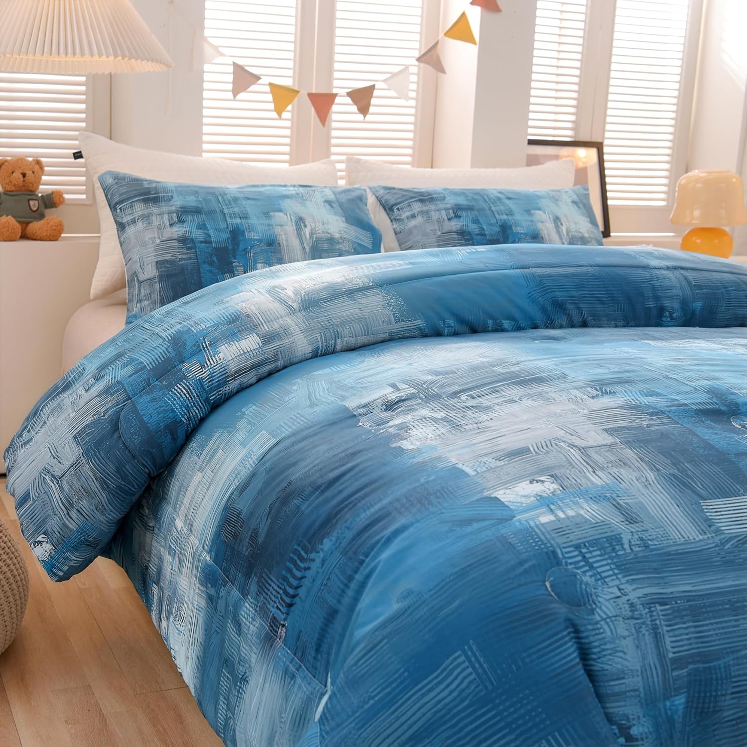 Ylehoc Juego de edredón turquesa y verde azulado, juego de ropa de cama geométrica de 3 piezas, 1 edredón de pintura y 2 fundas de almohada para