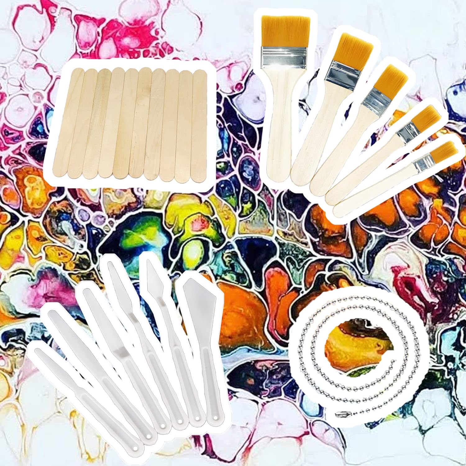 Allazone – Juego de 50 coladores acrílicos para verter incluye cepillo de plástico de silicona, cuchillo de dibujo, globo, pajitas, guantes para