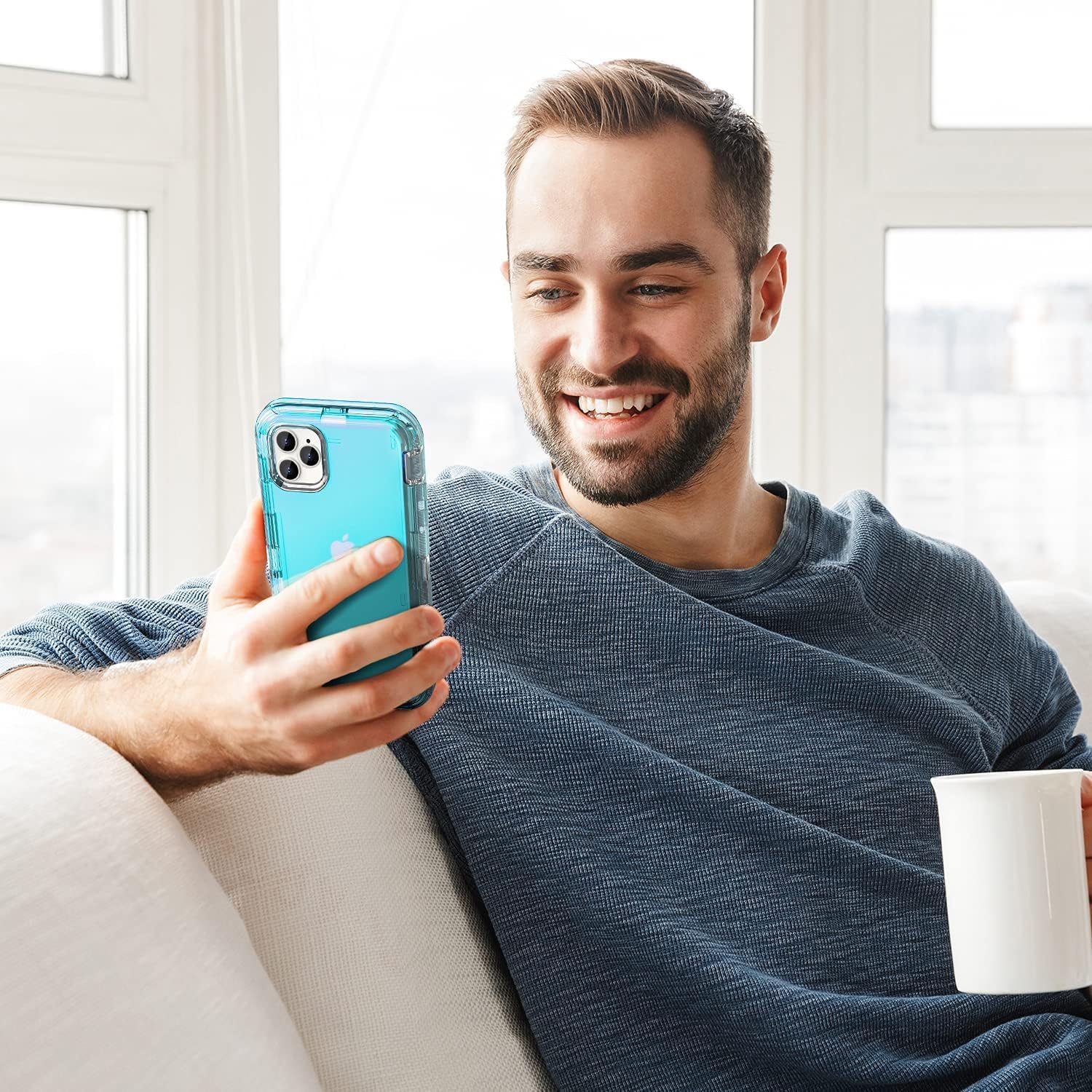 ORIbox Funda azul para iPhone 15 Plus14 Plus, protección contra caídas de grado militar de 10 pies, funda transparente resistente a prueba de golpes