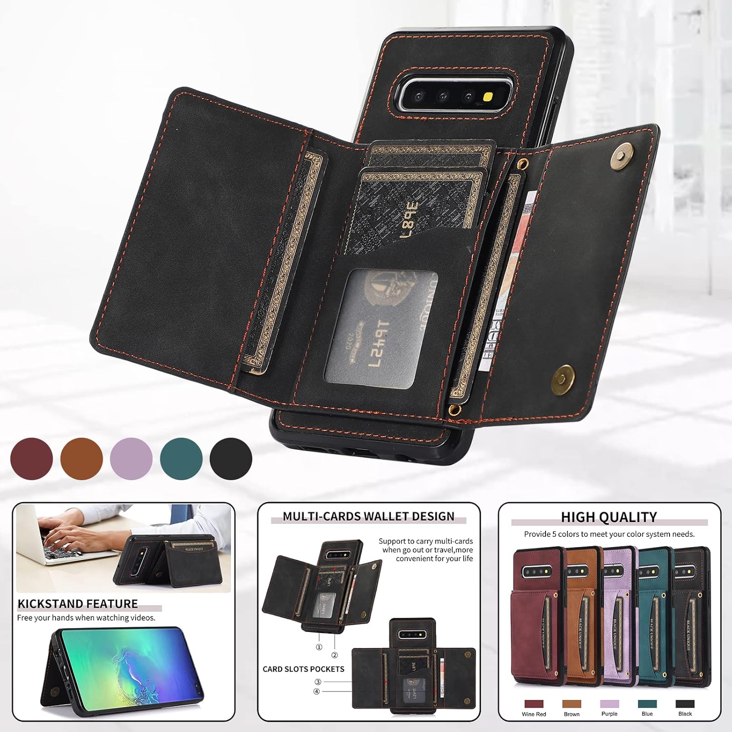 Asuwish Funda de teléfono para Samsung Galaxy S10 con protector de pantalla de vidrio templado y soporte de tarjeta de crédito de piel sintética,