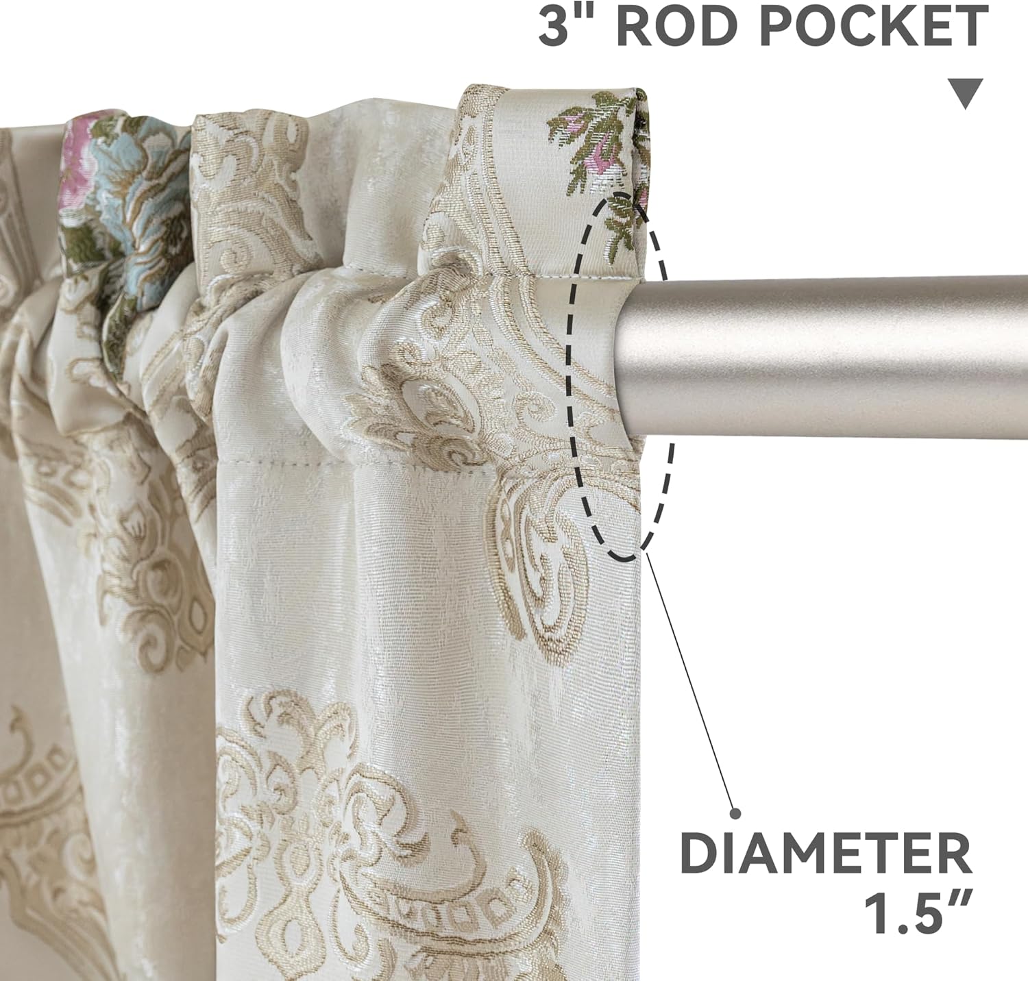 Loom and Mill Cortinas jacquard de lujo para dormitorio, sala de estar, cortinas de damasco floral beige nacarado, 2 paneles con alzapaños, elegante