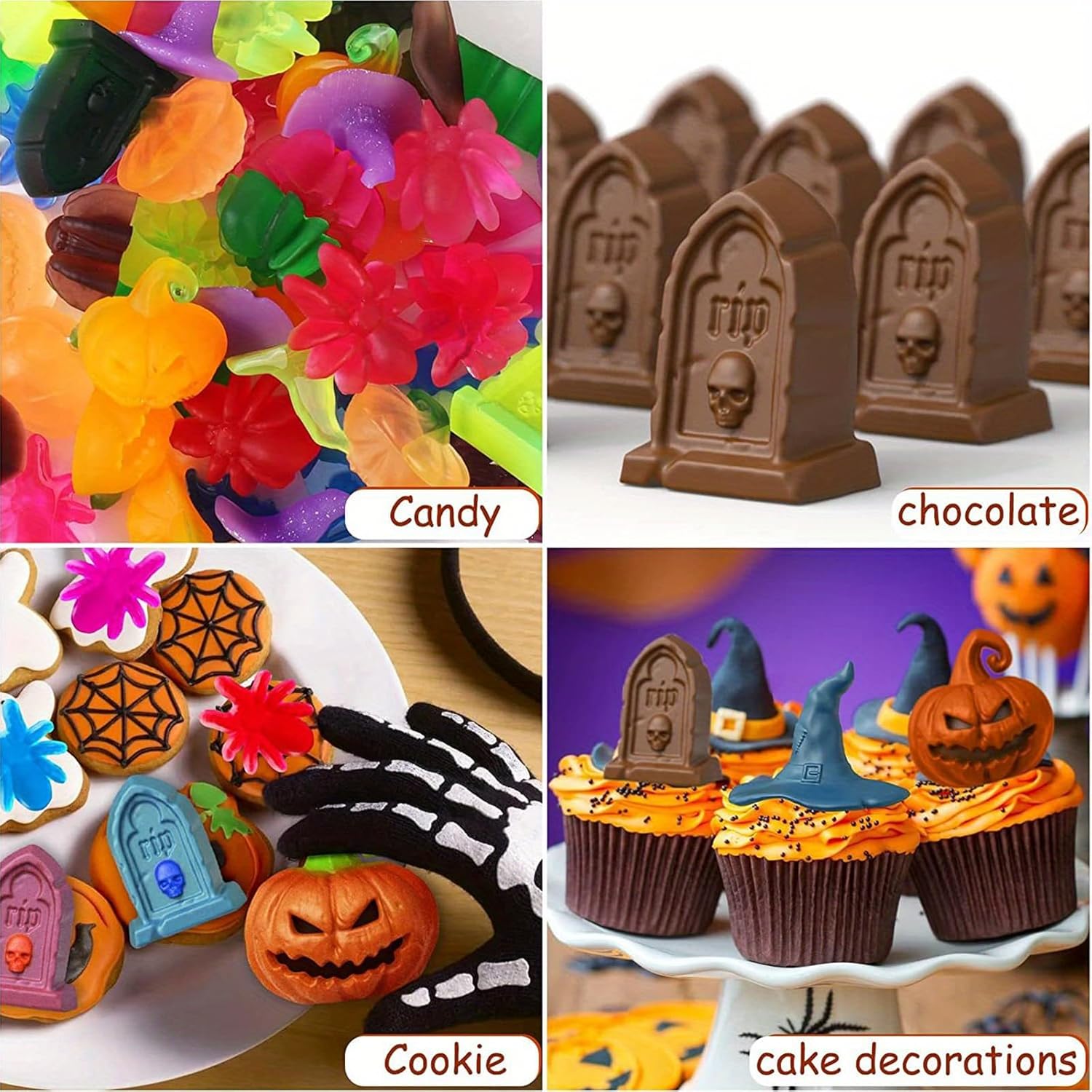 2 moldes de silicona de Halloween, 18 cavidades, fantasma, calabaza, murciélago, cráneo, bruja, moldes para hornear dulces de chocolate para pudín,