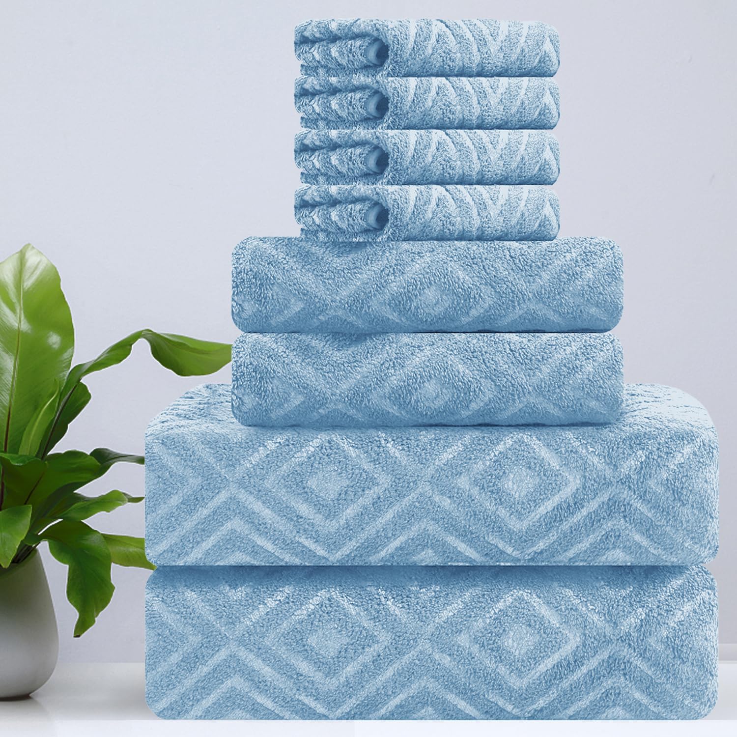 CHINO Juego de 8 toallas de baño de gran tamaño, color azul, 2 toallas de baño grandes, 2 toallas de mano y 4 toallas pequeñas, juego de toallas