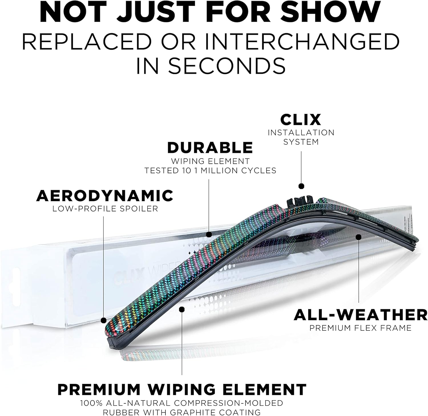 Clix Wipers – Limpiaparabrisas automotriz de fibra de carbono, diseño cibernético – Limpiaparabrisas de repuesto universal con clip – Para todo tipo