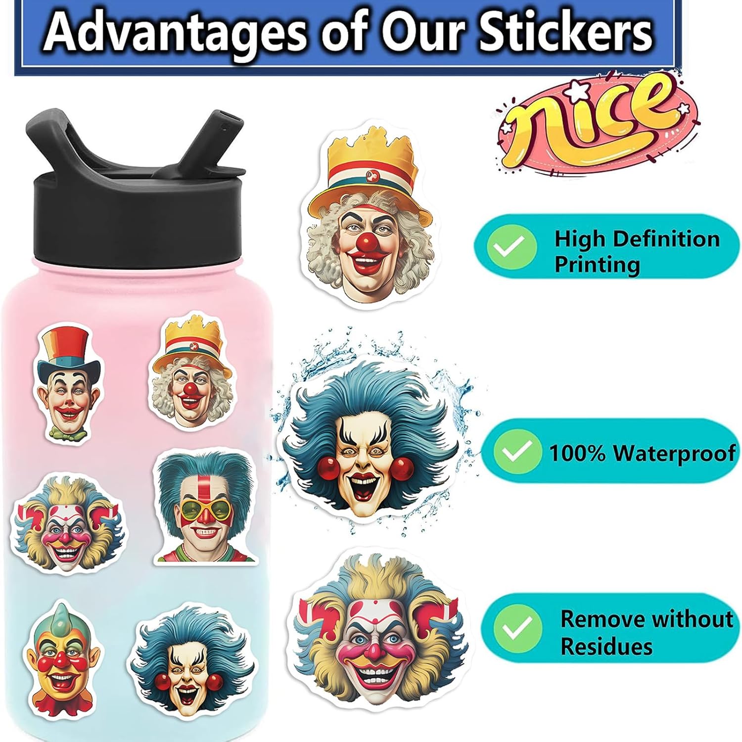 50 calcomanías divertidas de payaso de Joker de dibujos animados, calcomanías impermeables de vinilo para niños, adultos, adolescentes, para fiestas