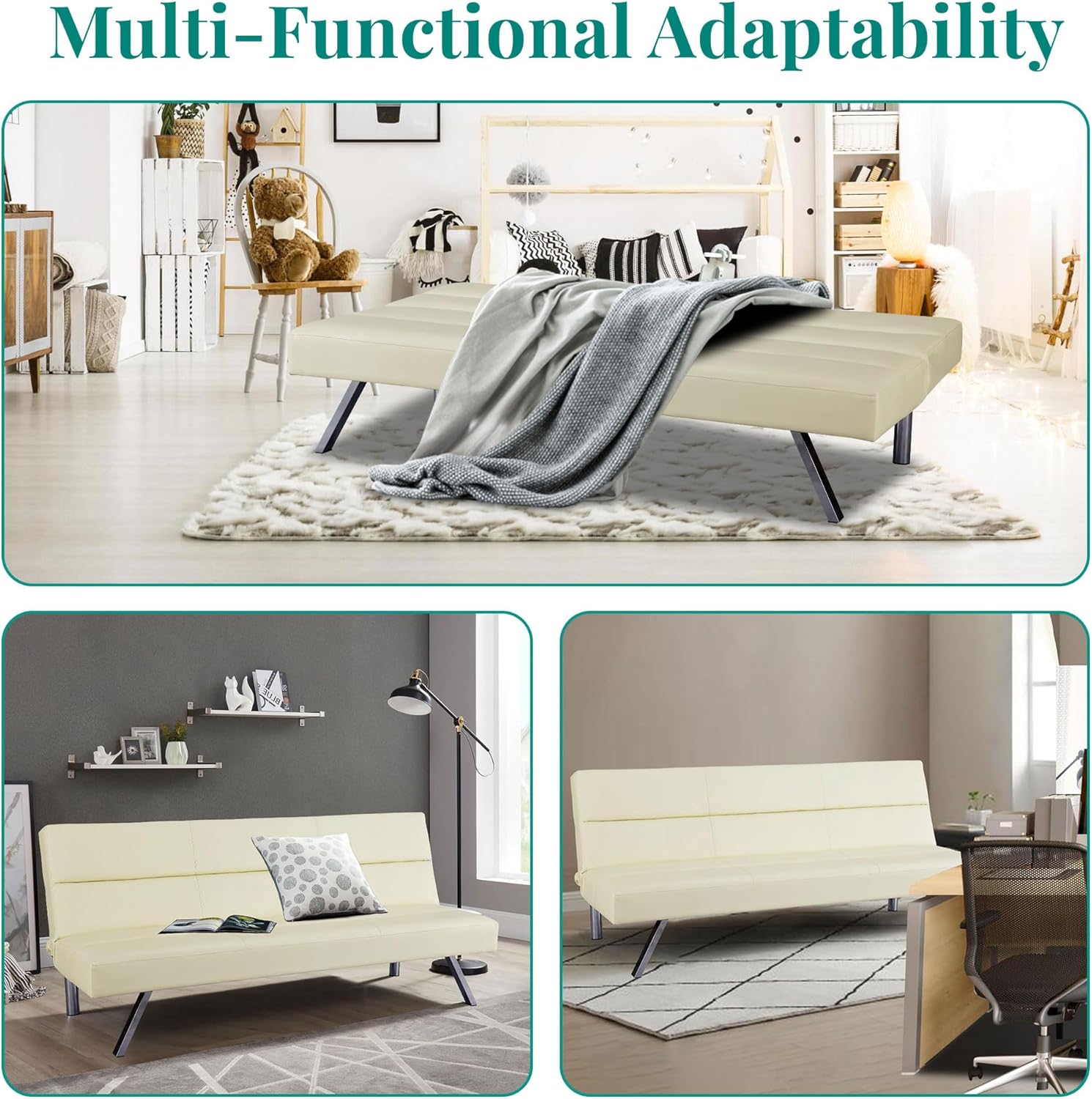 Naomi Home Sofá futón de piel sintética, moderno sofá cama plegable convertible con patas cromadas, mini sofá reclinable, futón de cuero pequeño