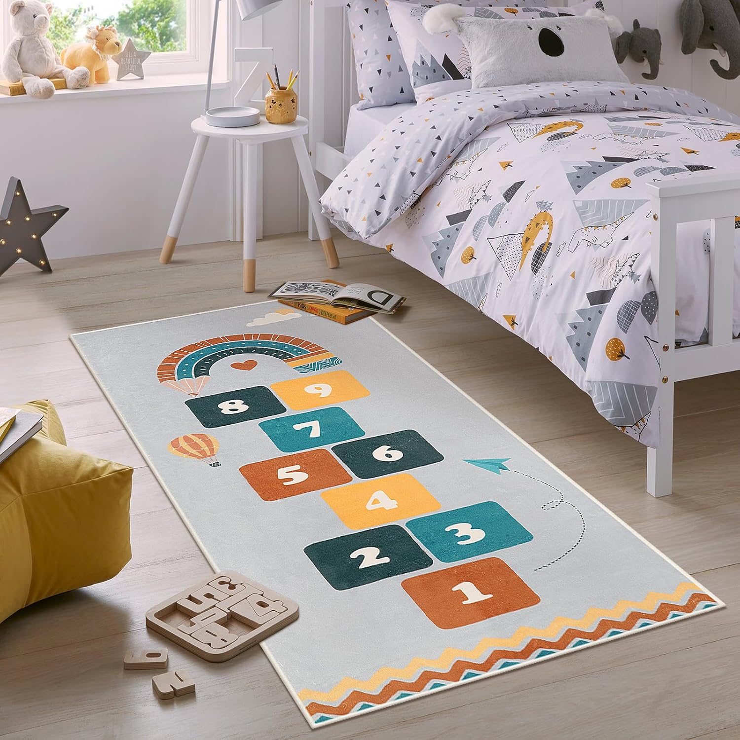 STARUIA Alfombra gris Hopscotch para niños para sala de juegos, alfombra antideslizante lavable para habitación de los niños, alfombra suave y