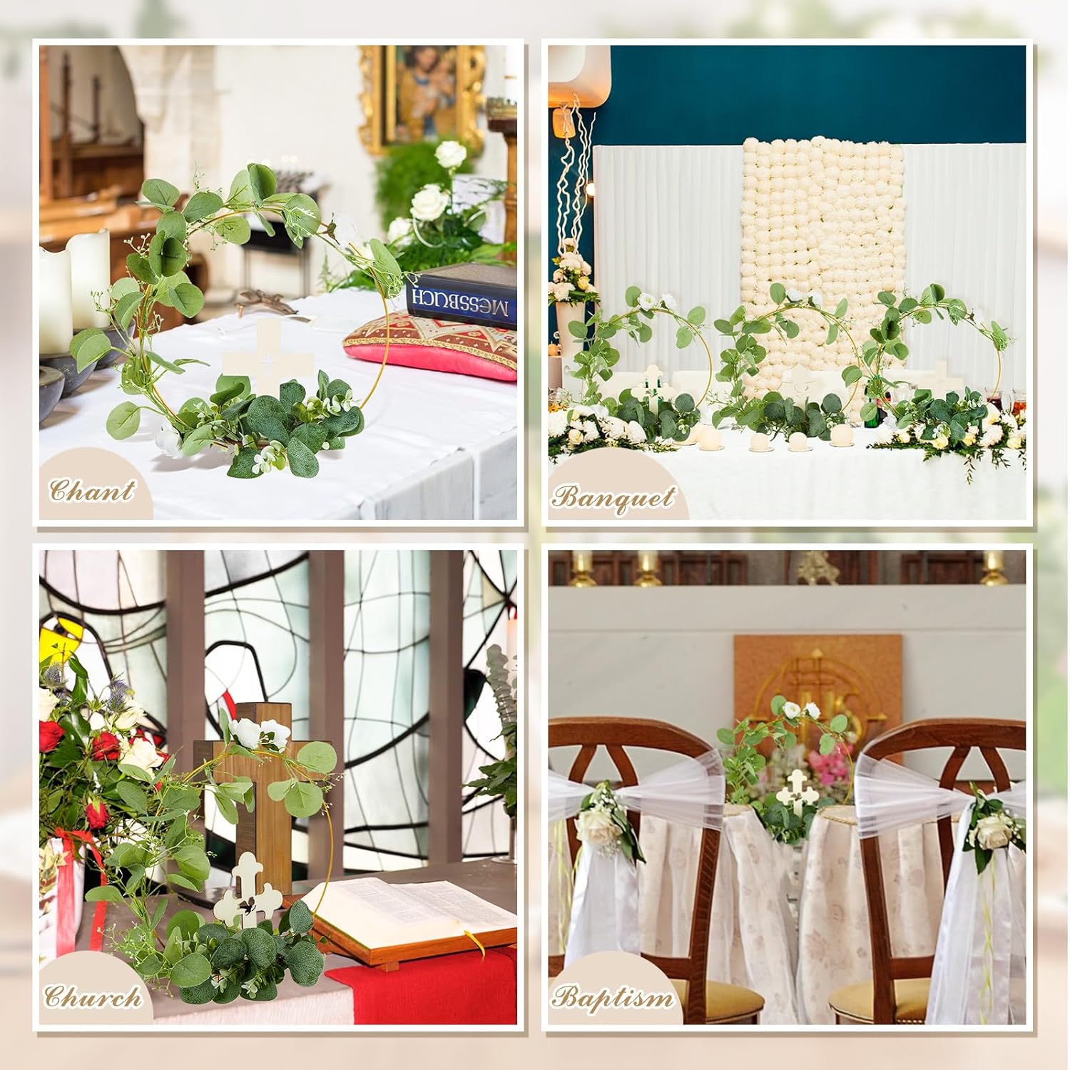 24 centros de mesa de bautismo para mesas, 12 cruces de madera para manualidades, 12 centros de mesa de aro floral de metal con soporte, centros de