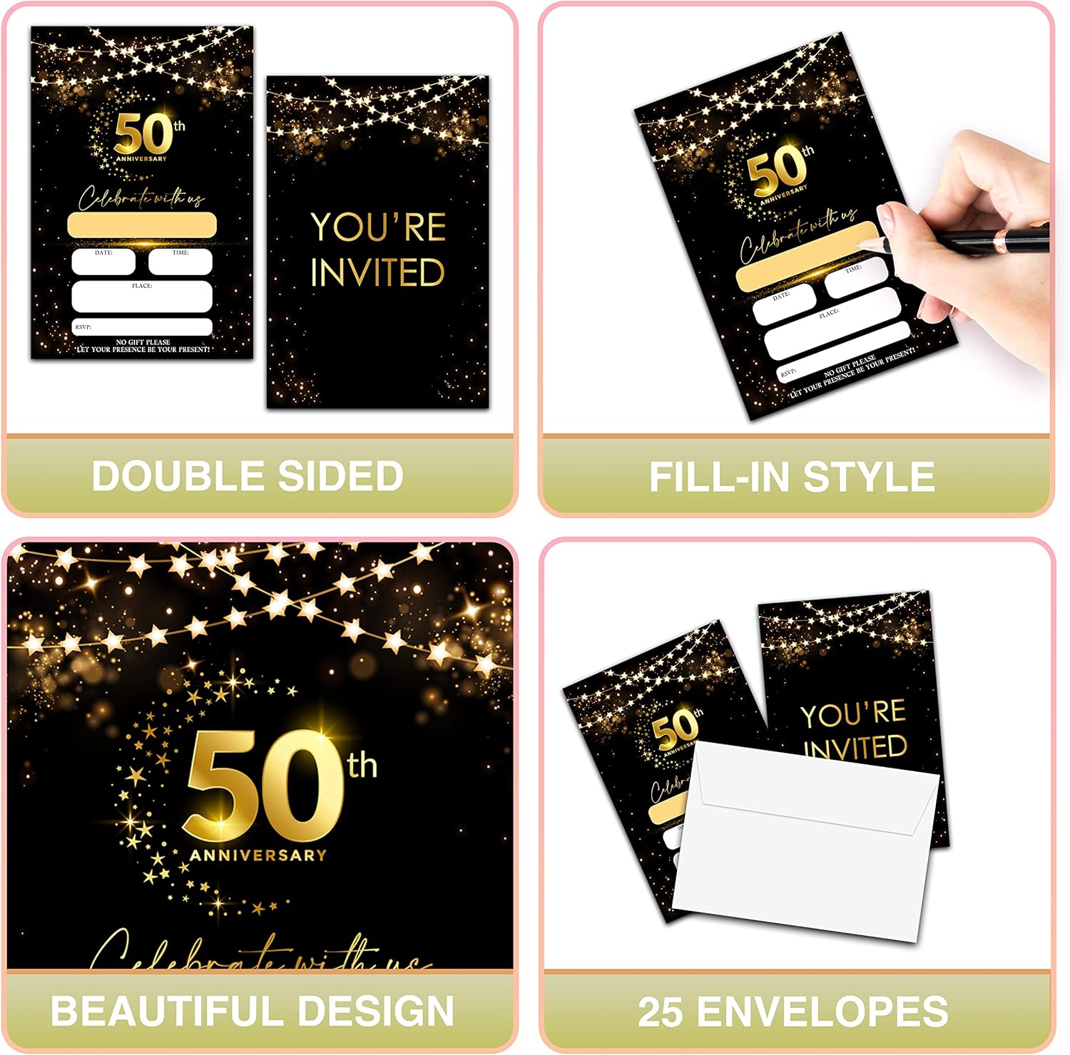 Tarjetas de invitaciones de 50 aniversario, invitaciones de aniversario de boda con purpurina negra y dorada con sobres, tarjetas de invitaciones