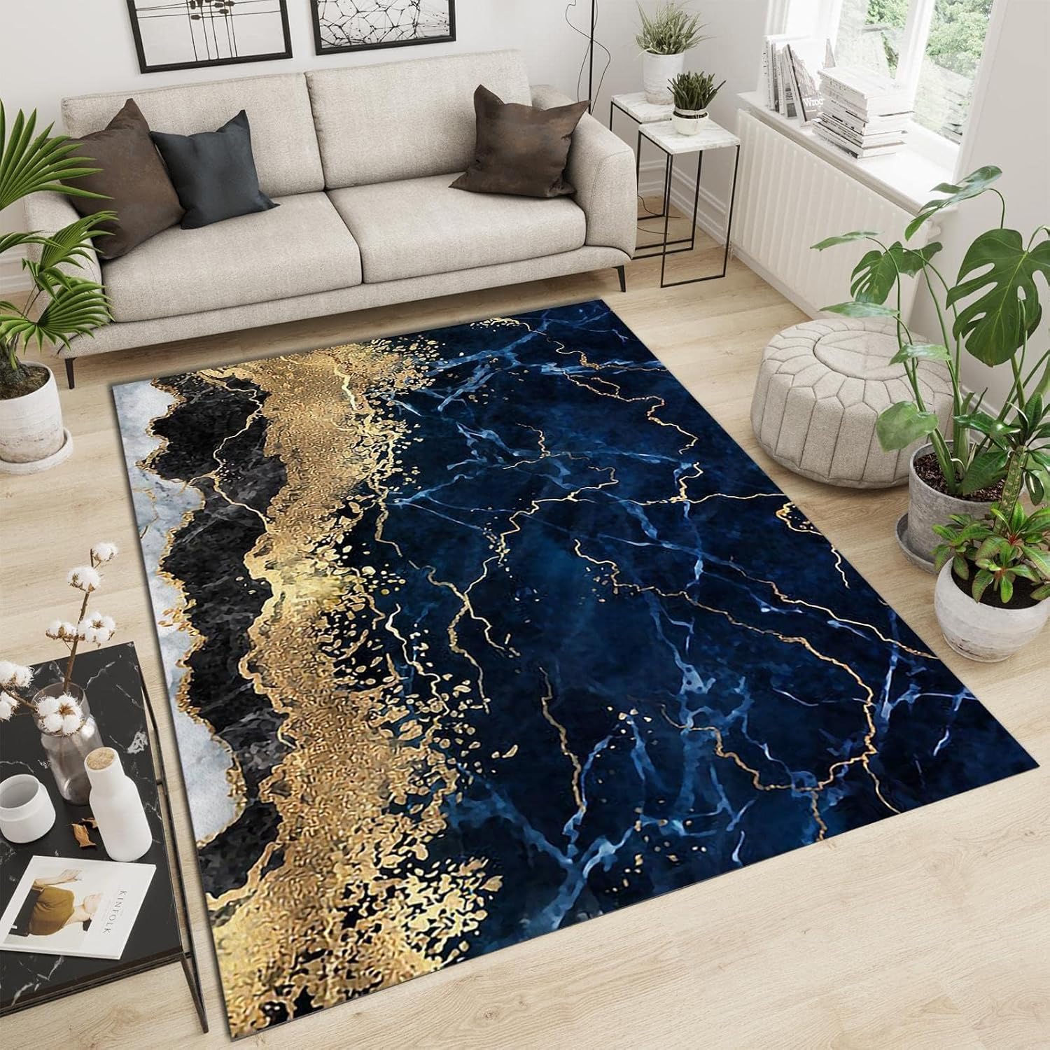 Alfombras de 3 x 5 pies, alfombra de mármol azul dorado para dormitorio, textura de arte abstracto, alfombra grande para sala de estar, suave y