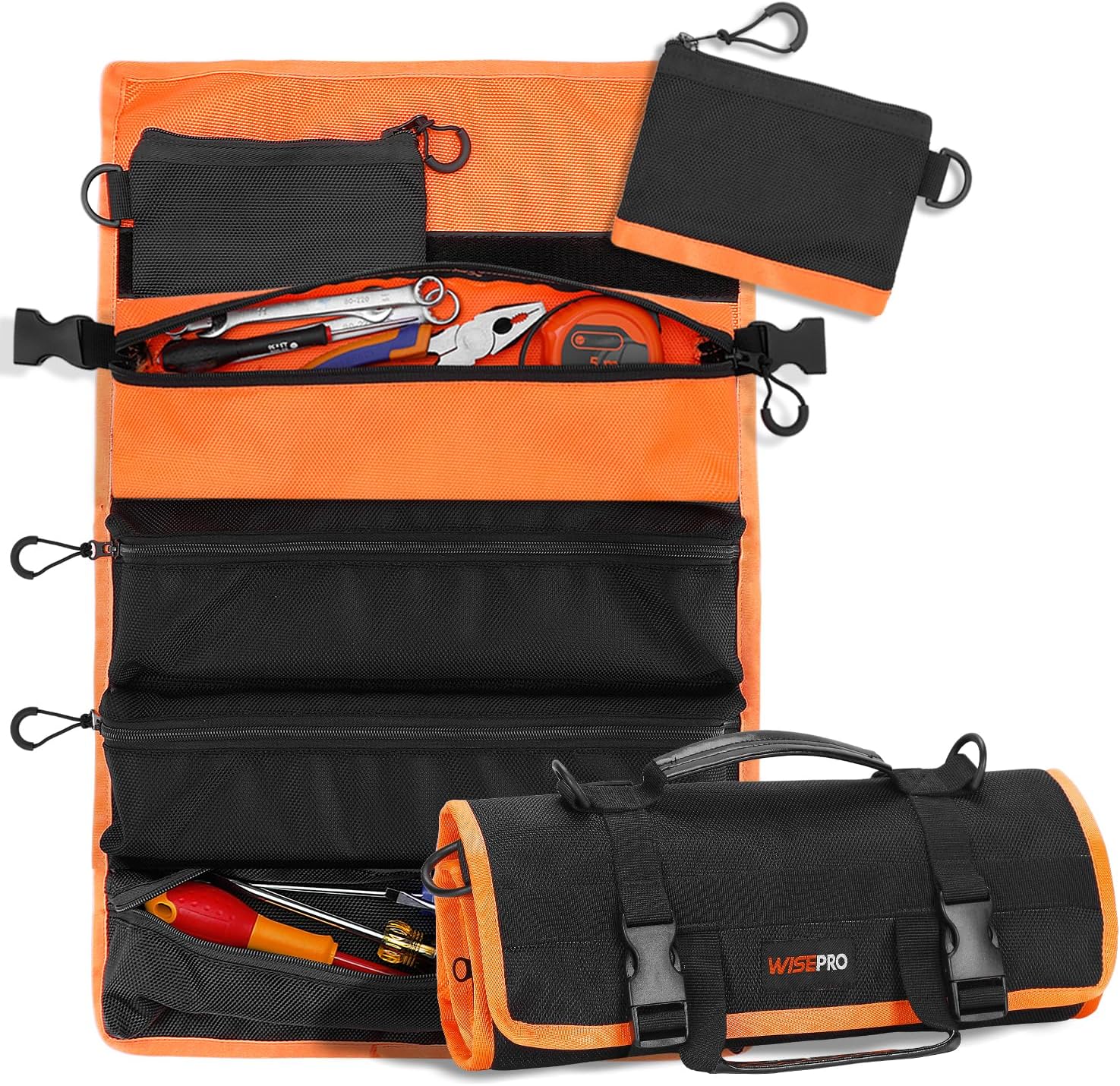 WISEPRO Bolsa enrollable para herramientas, bolsa enrollable de herramientas resistente con 3 bolsas desmontables, bolsas de rollo de herramientas