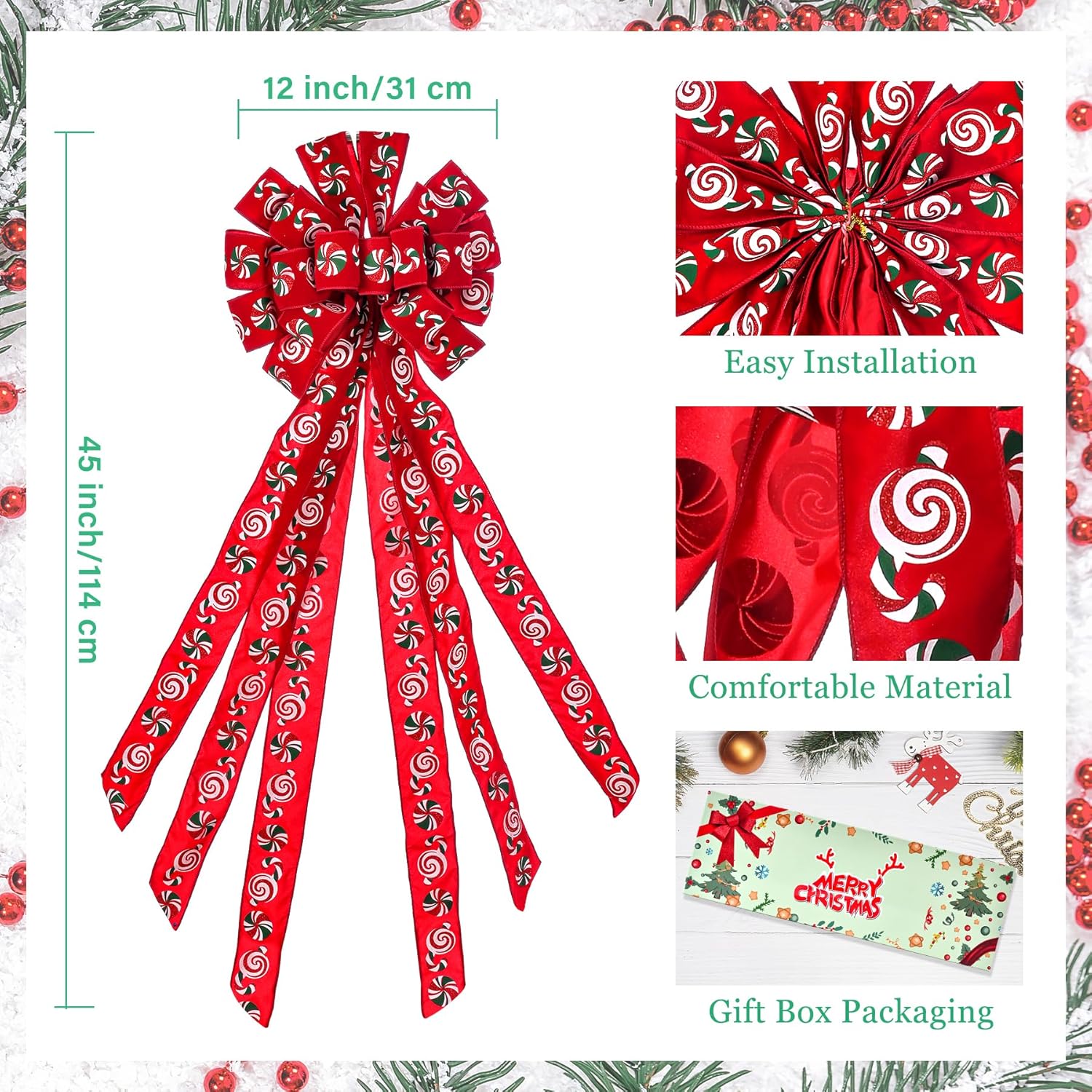 Decoración para árbol de Navidad, lazo de corona de Navidad de 45 x 12 pulgadas, lazo rojo grande con caramelo estampado para árbol de Navidad,