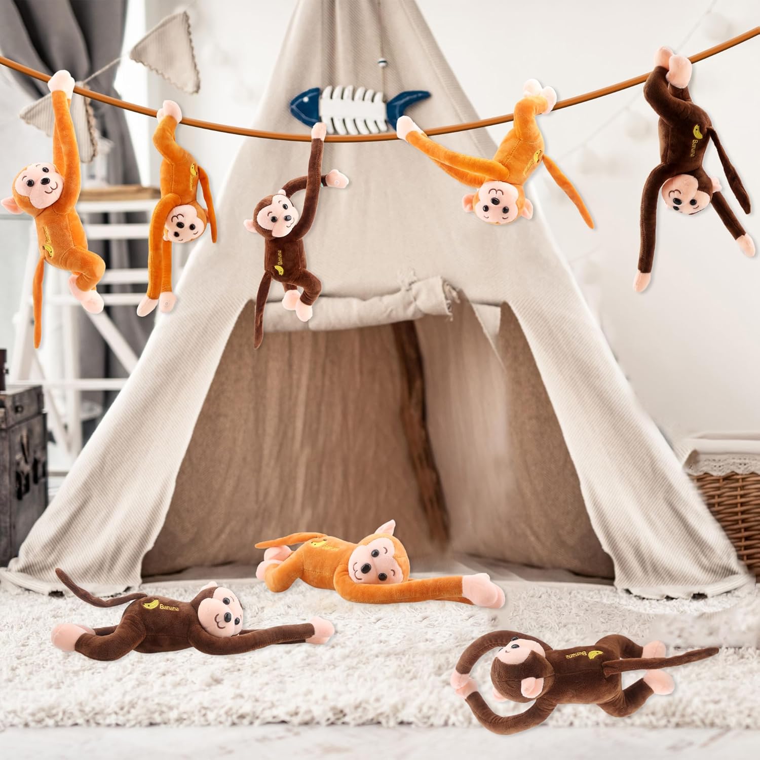 Paquete de 6 juguetes de peluche de mono colgante de 18 pulgadas, lindo mono de peluche suave para colgar, juguetes de peluche realistas para