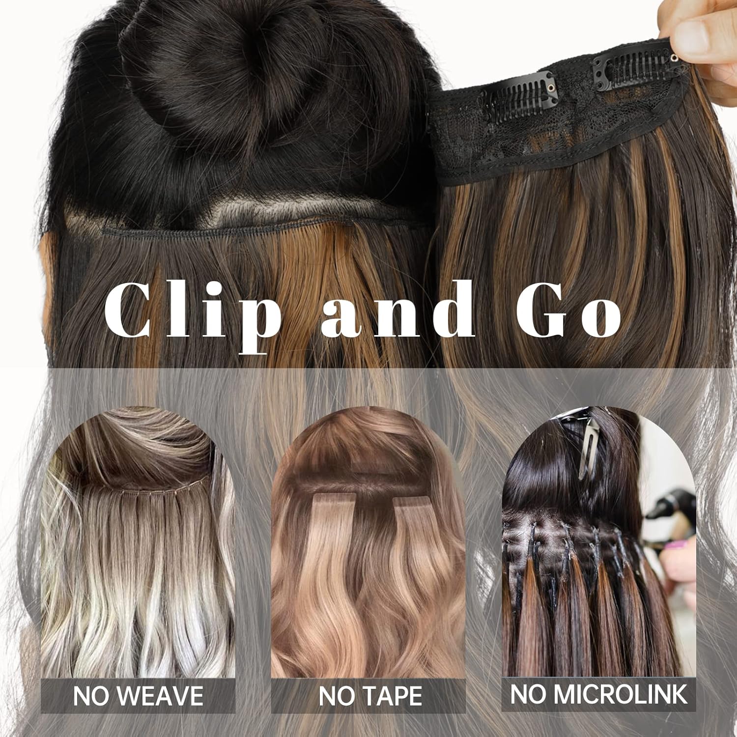 KooKaStyle – Extensión de cabello sintético con pinza, largo y ondulado, con fibra de doble trama, de 20 pulgadas para mujer, 4 piezas, color marrón