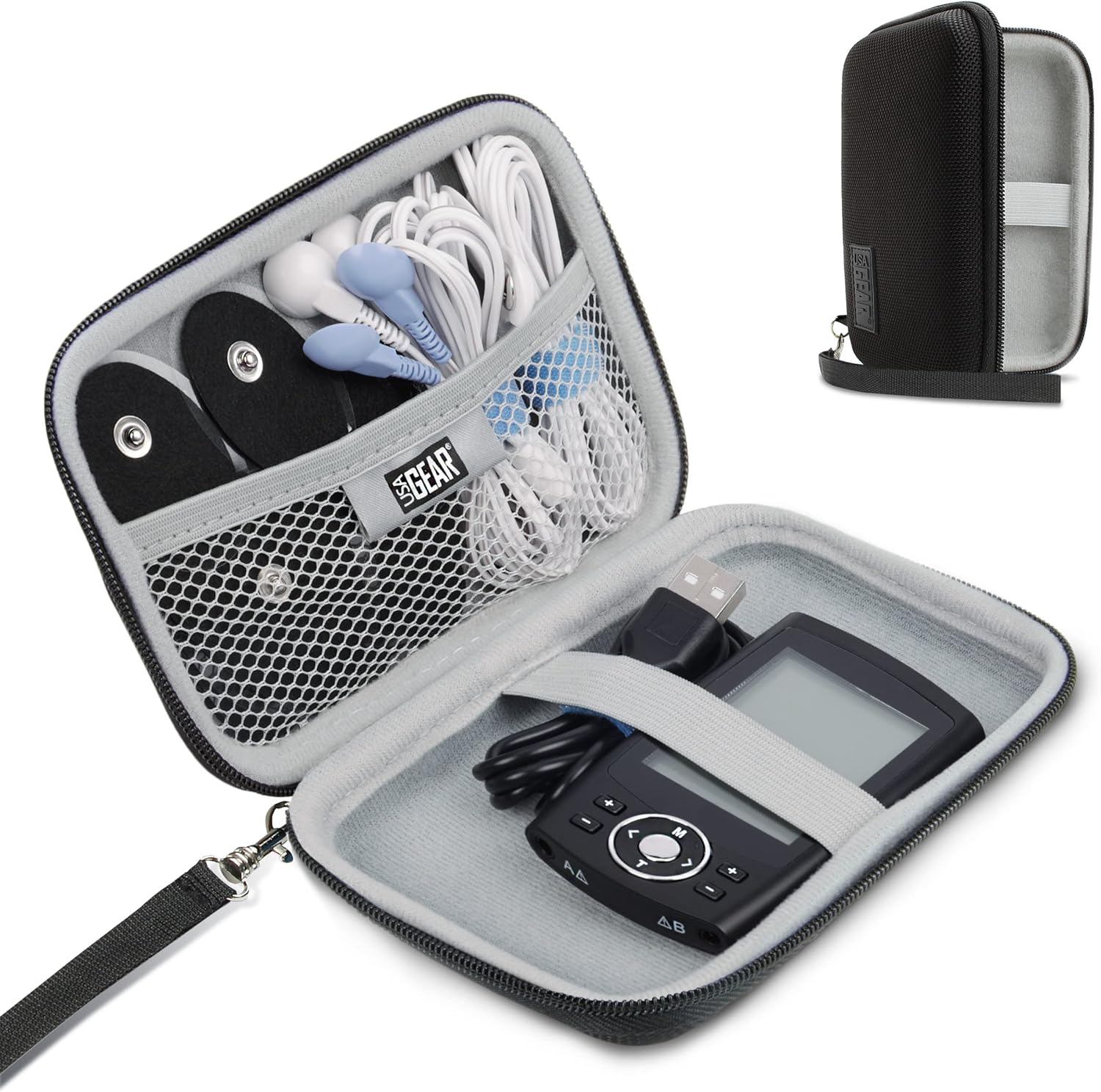 USA GEAR Funda de viaje pequeña para estimuladores musculares de unidad TENS compatible con Belifu, HiDow, AUVON 2 unidades de salida, funda para