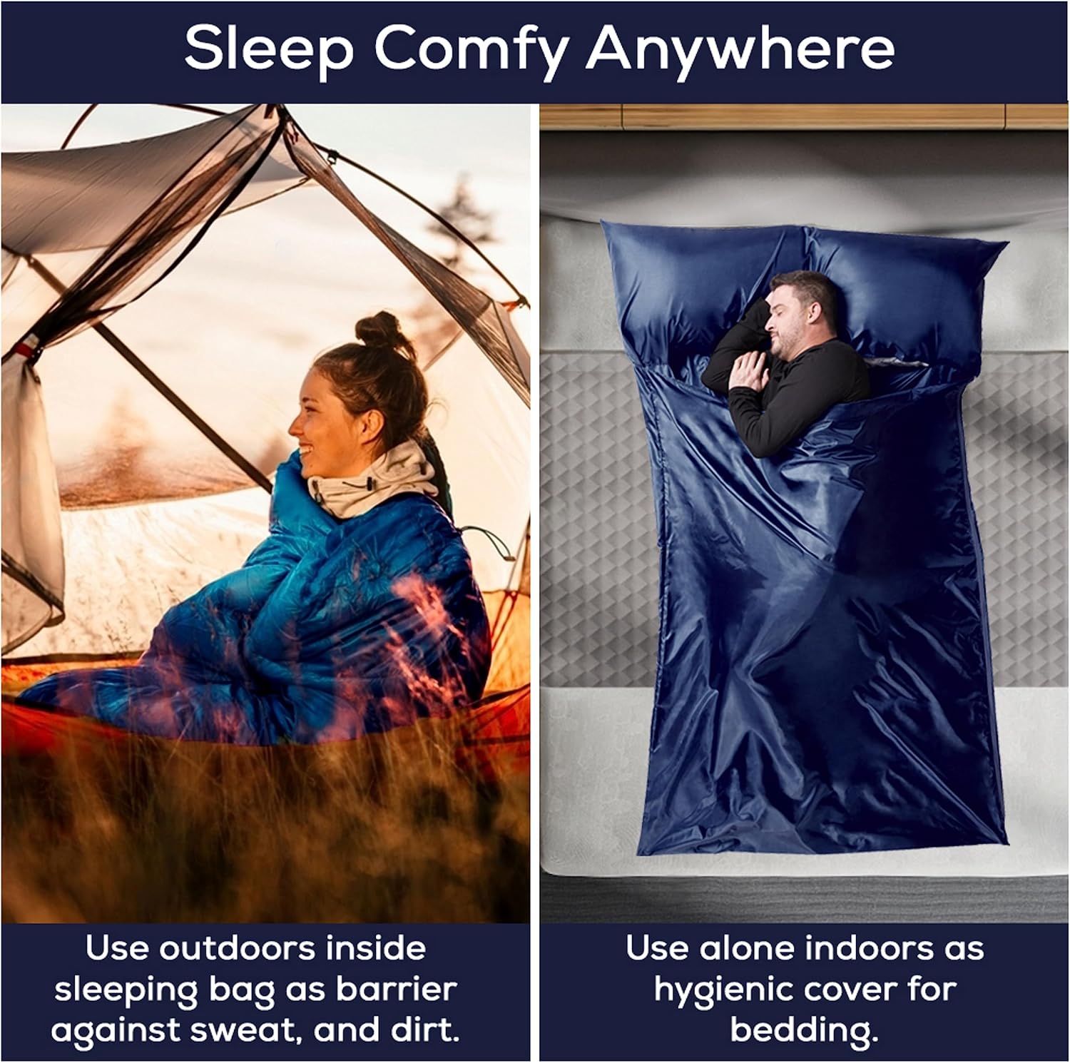 Forro de saco de dormir sedoso para clima fríocálido, sábanas de viaje XL para hotel de 85 x 52 pulgadas, saco de dormir ligero con cremallera y