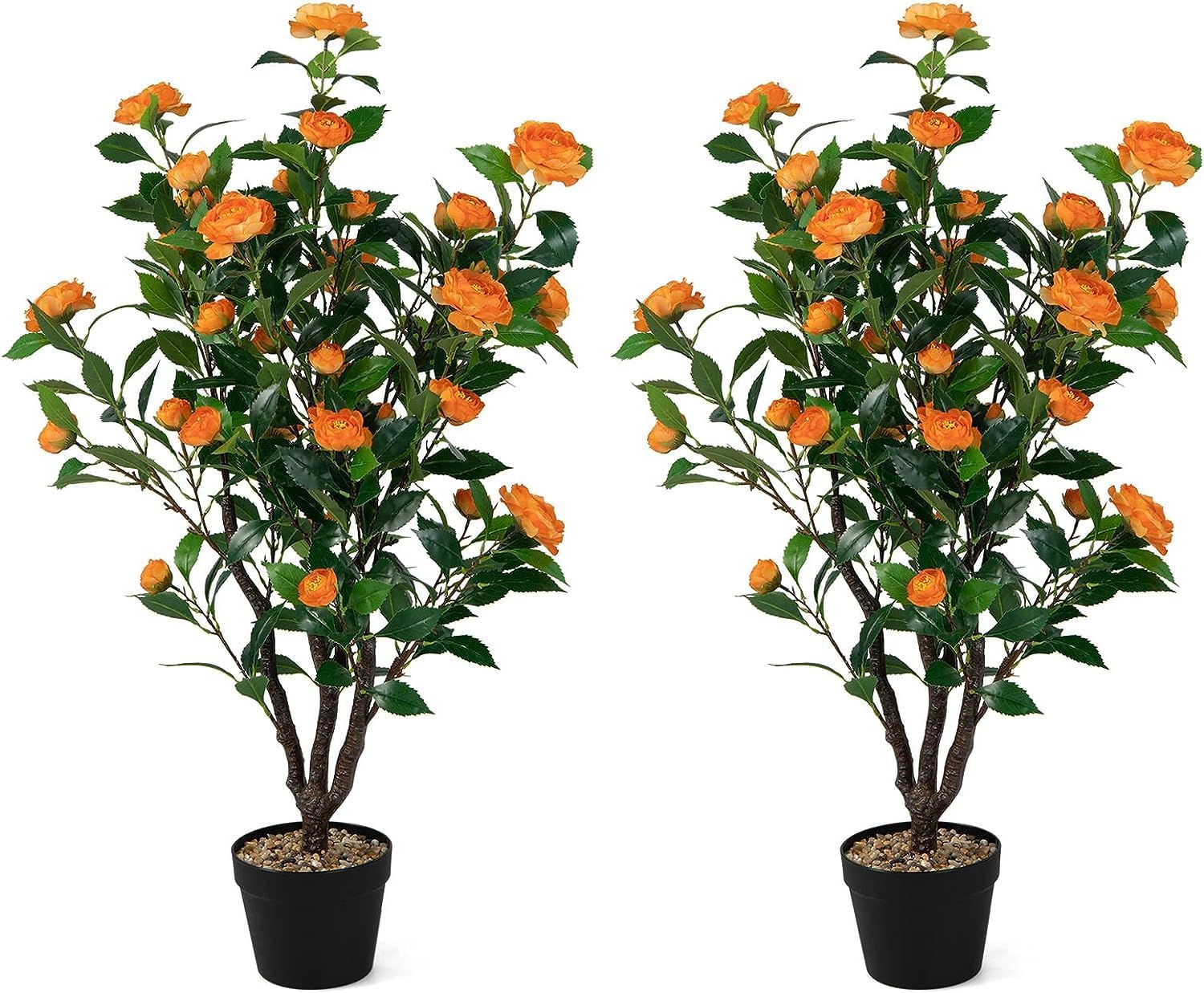 Paquete de 2 árboles artificiales de camelia de 40 pulgadas con flores falsas para decoración de interiores y exteriores