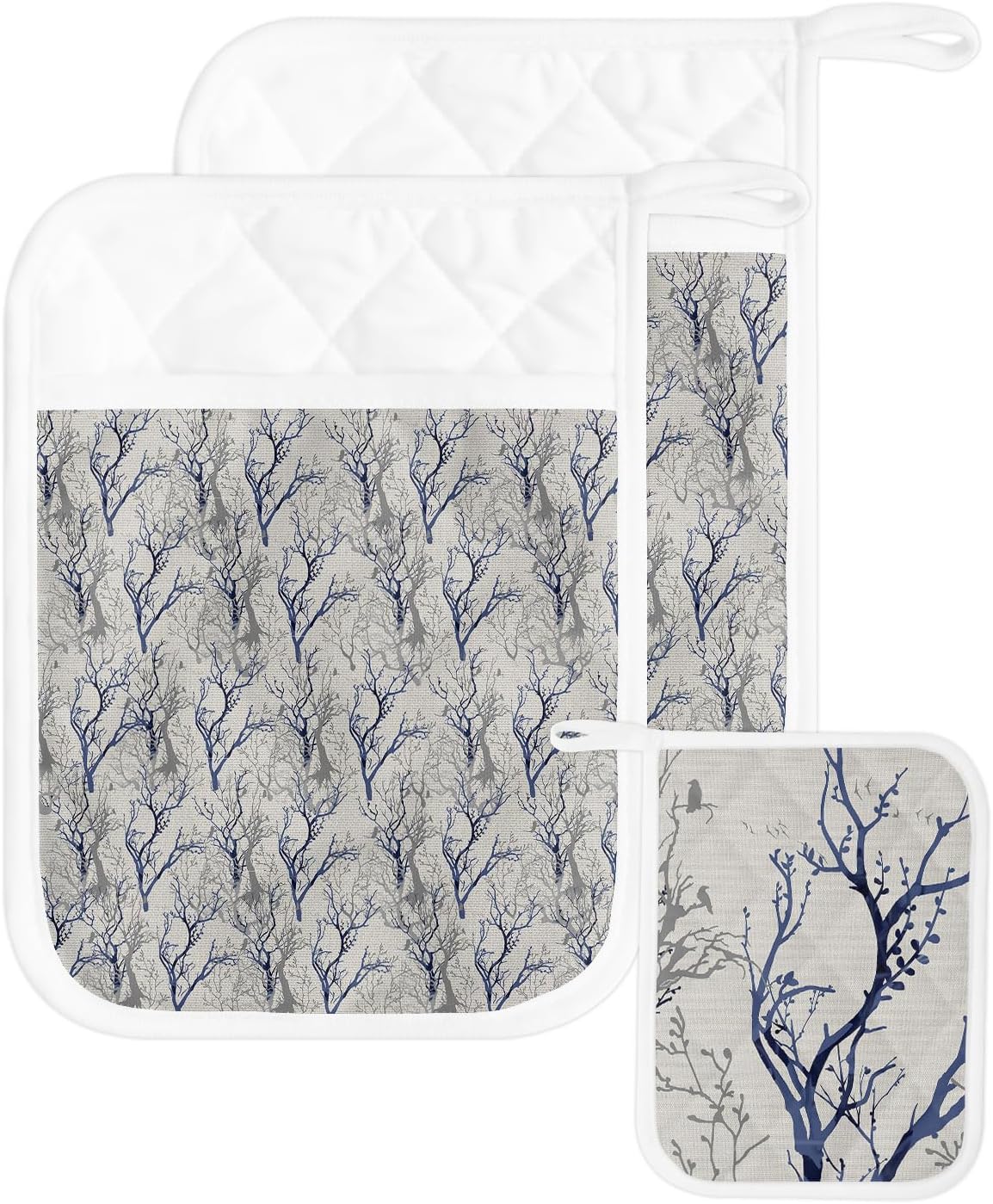 Branches Birds – Juego de 2 soportes para ollas para cocina, antideslizante y aislante de calor, juego de agarraderas de tela de toalla con