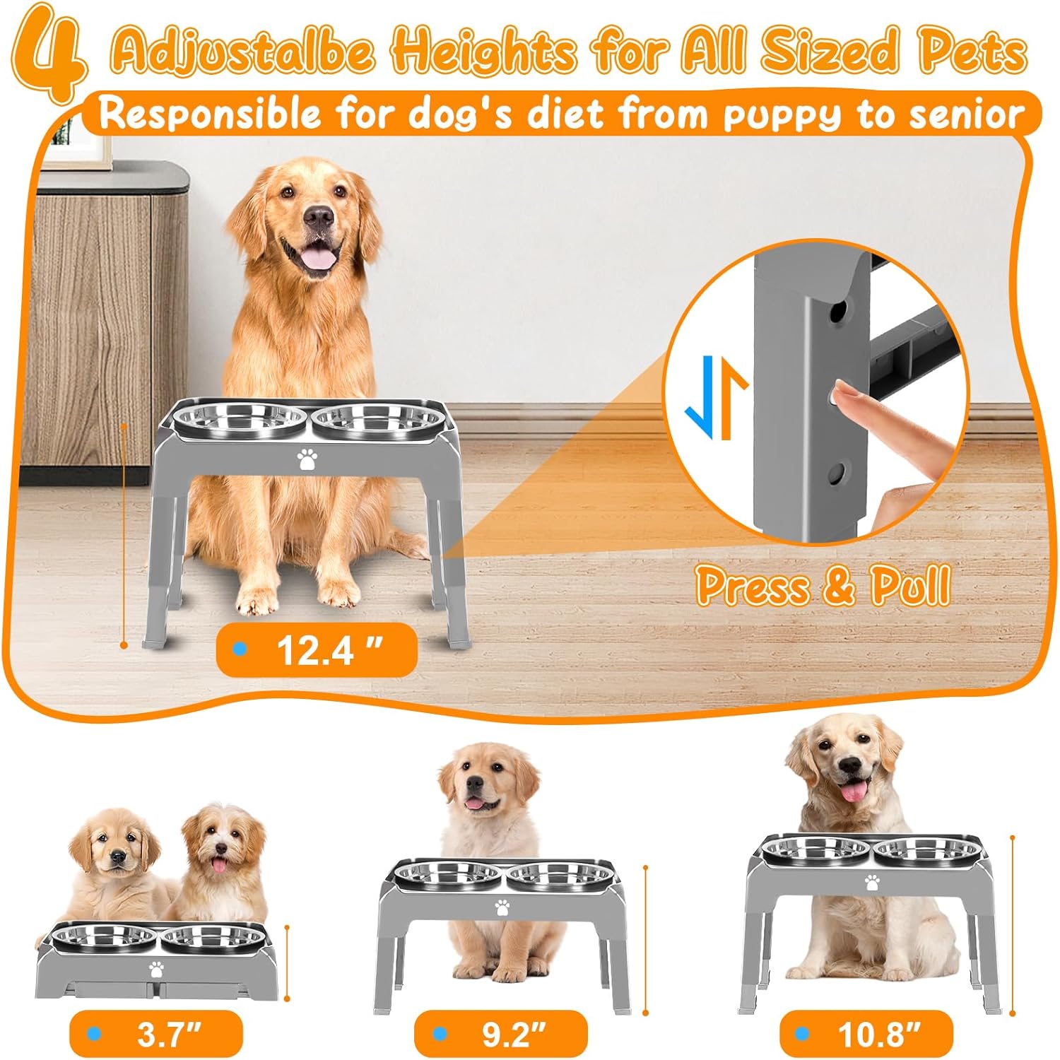Tazones elevados para perros con altura ajustable con 2 cuencos de acero inoxidable para alimentos para perros, comedero plegable antideslizante