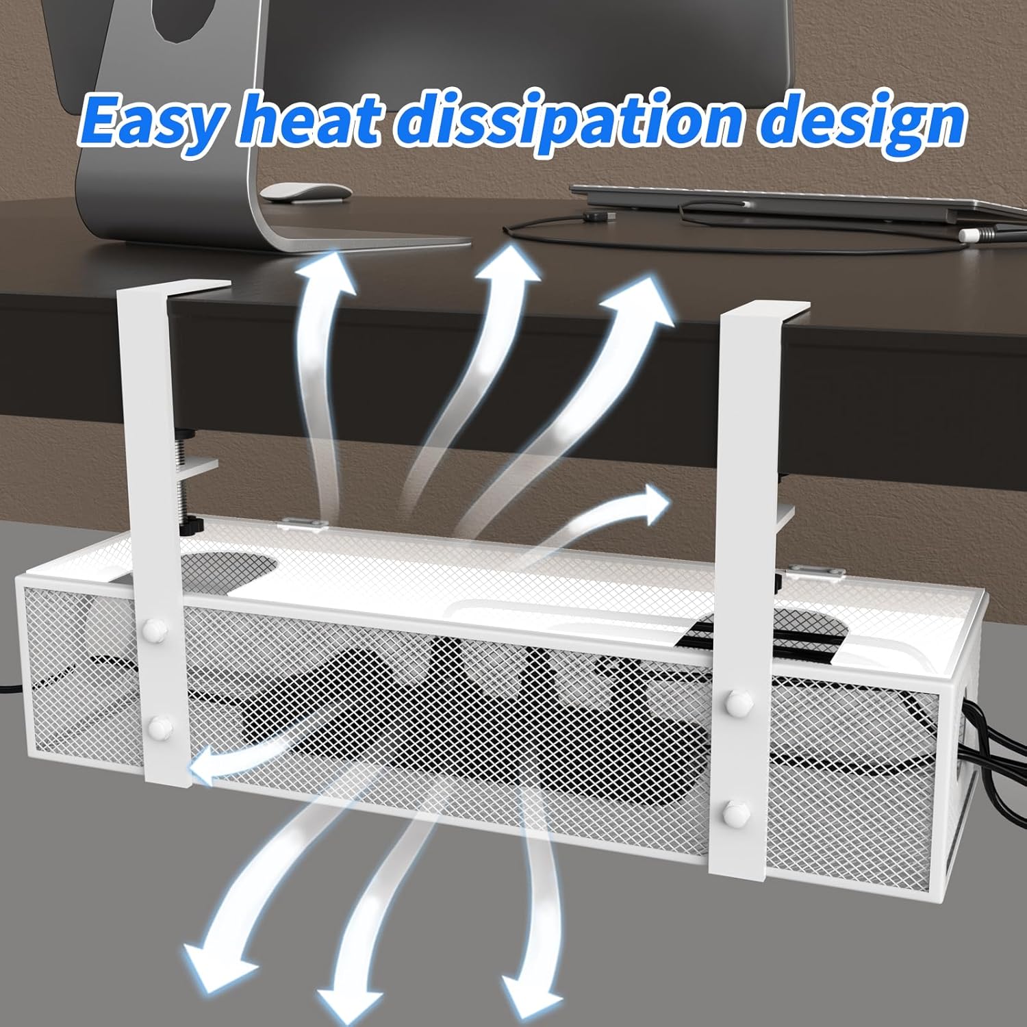 Caja de organización de cables para debajo del escritorio, bandeja de metal con tapa, caja de gestión de cables de metal para debajo del escritorio,