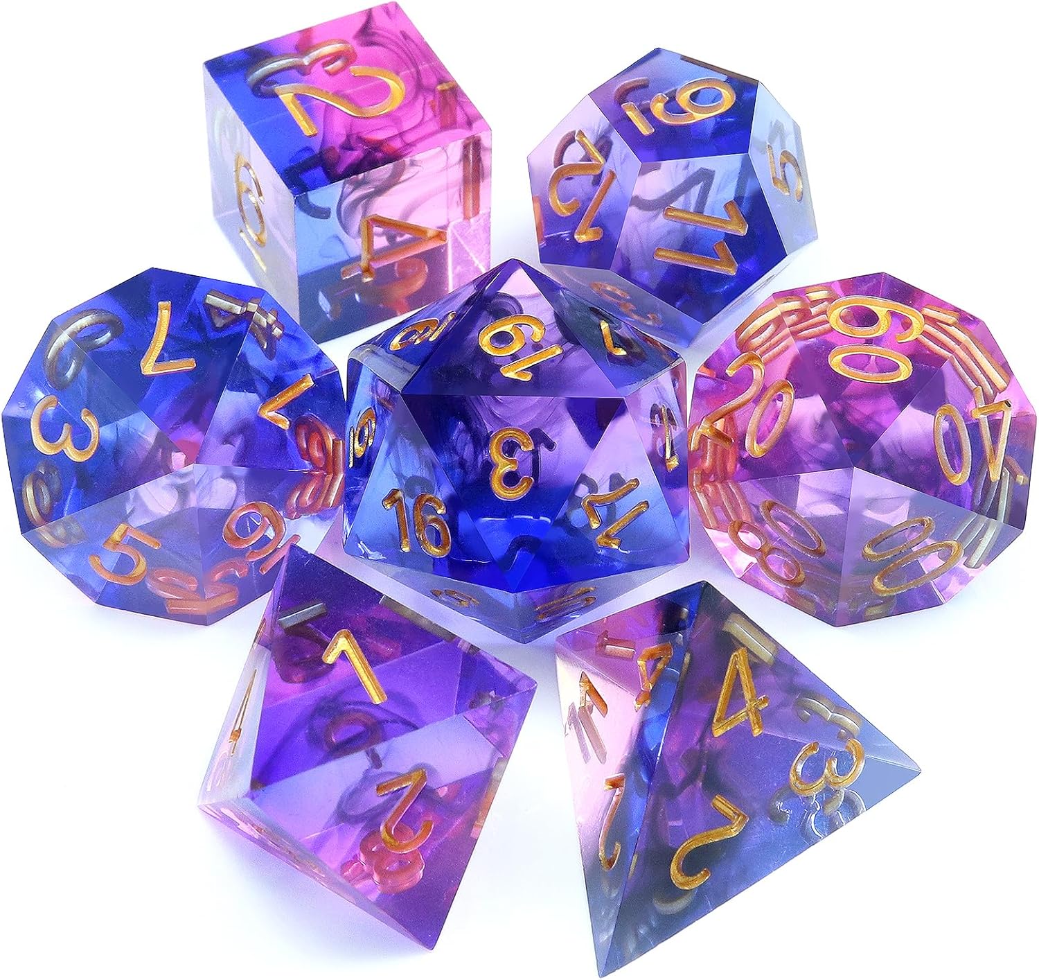 Haxtec Juego de dados de resina de borde afilado con estuche para dados, 7 piezas de dados poliédricos de remolinos morados y azules para juegos de