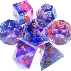 Haxtec Juego de dados de resina de borde afilado con estuche para dados, 7 piezas de dados poliédricos de remolinos morados y azules para juegos de Haxtec Juego de dados de resina de borde afilado con estuche para dados, 7 piezas de dados poliédricos de remolinos morados y azules para juegos de