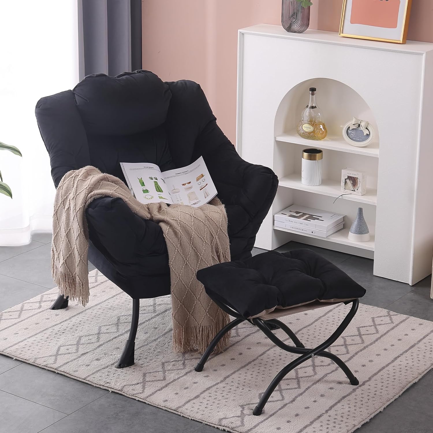 SESHINELL Silla perezosa con otomana, moderna silla de acento contemporánea, sofá de ocio con reposabrazos, silla de lectura y reposapiés plegable