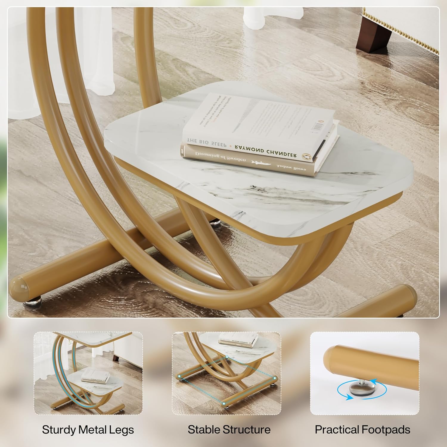 Mesa auxiliar moderna de 2 niveles con mesa de mármol sintético para sala de estar, mesita de noche en forma de C blanca y dorada para dormitorio,