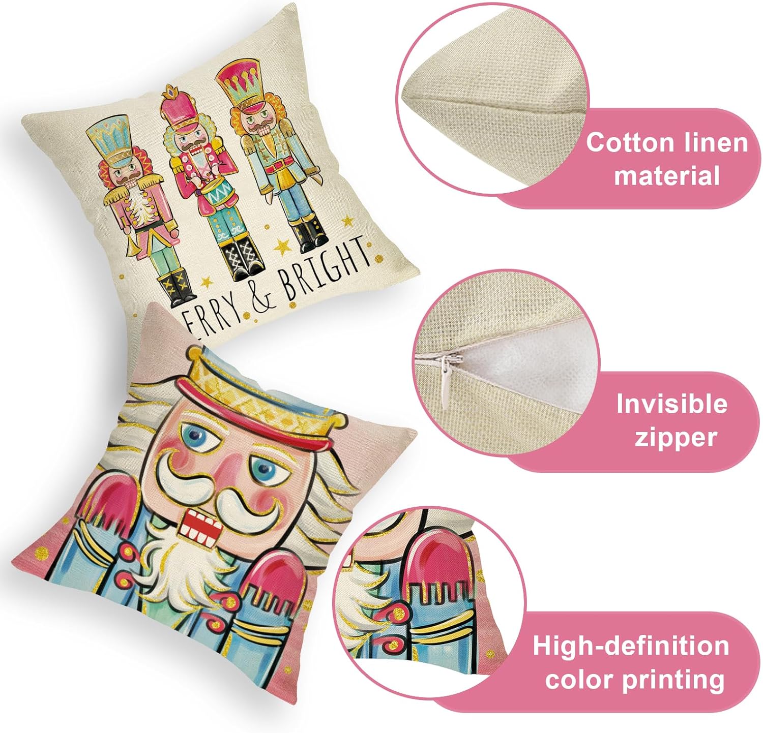 Ussap Juego de 4 fundas de almohada decorativas de cascanueces de Feliz Navidad de 18 x 18 pulgadas, decoración de fundas de cojín de madera de
