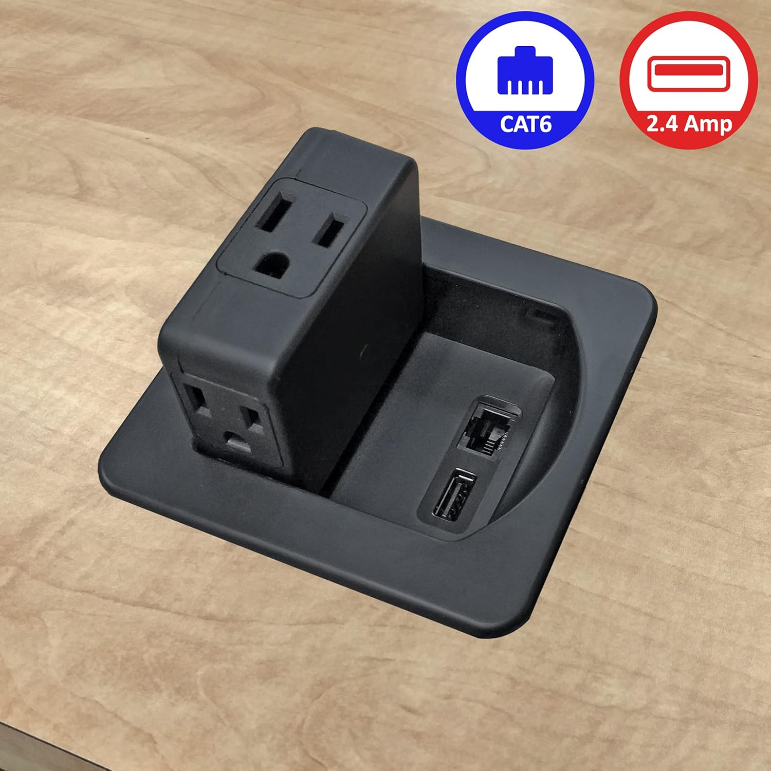 3 tomas de corriente alterna con 1 puerto de datos CAT6 Ethernet RJ45 + 1 puerto de carga USB – Cargador rápido de 2.4 amperios – Centro de