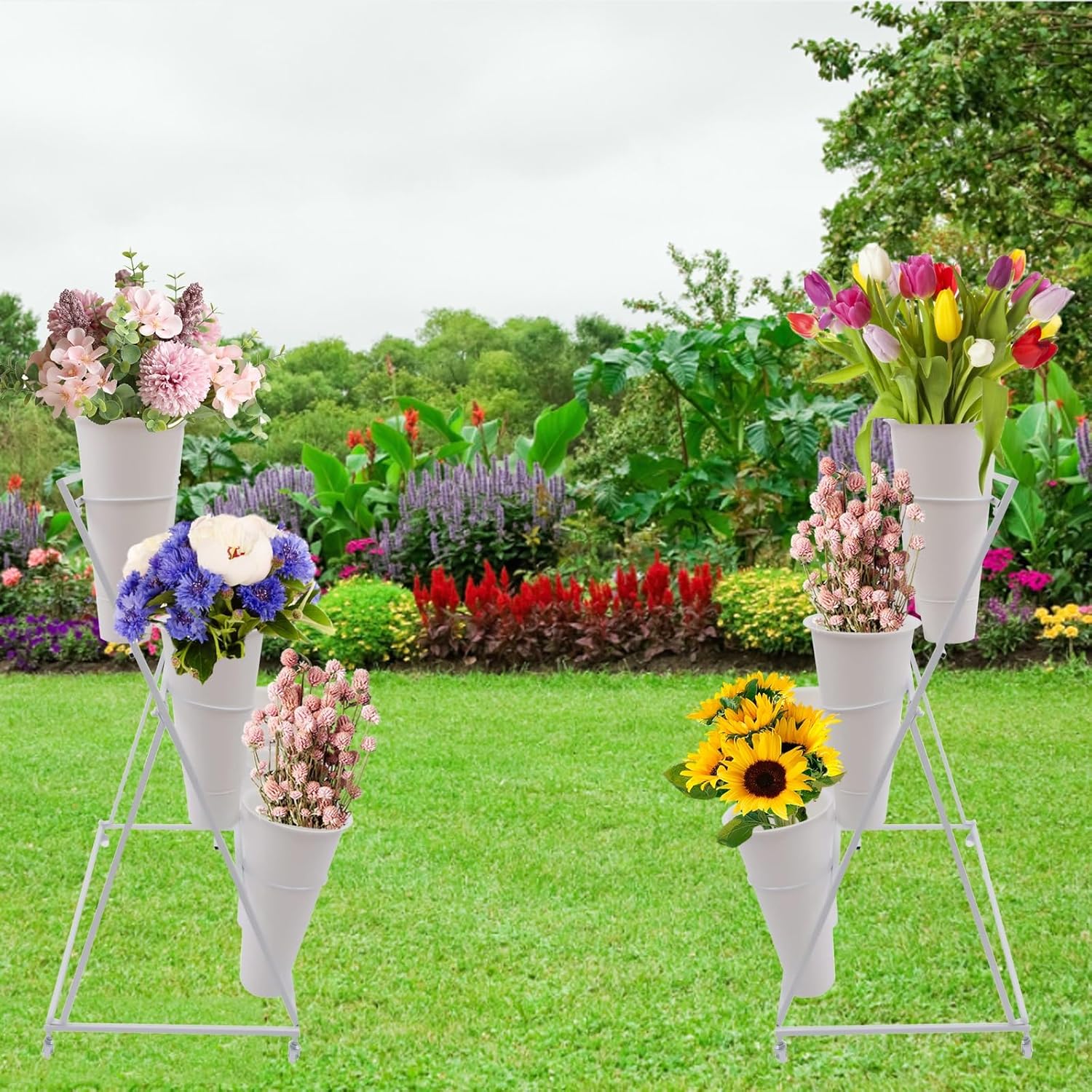 Soporte de exhibición de flores con ruedas, soporte para plantas de hierro para interiores y exteriores, 3 capas de 12 barriles, soporte de