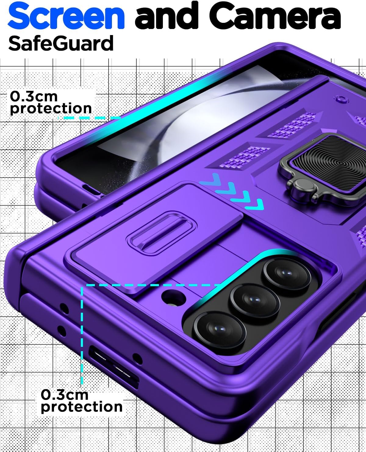 AICase Funda para Samsung Galaxy Z Fold 5 Protección Resistente Cubierta de lente de cámara Protección de bisagra Soporte magnético de anillo de 360