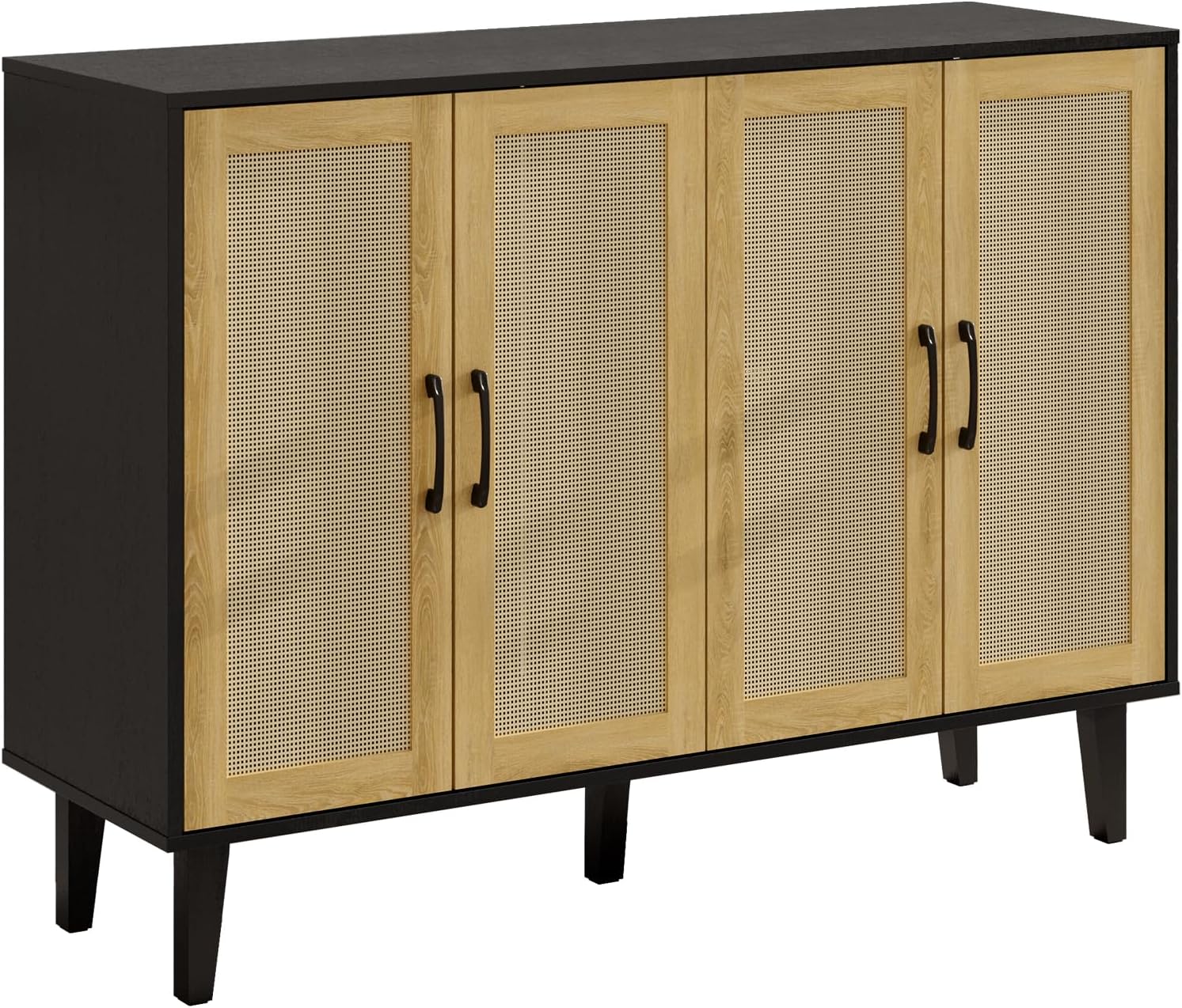 Kopuity Armario de almacenamiento con ribete de ratán, aparador de 4 puertas con almacenamiento, armario decorativo con estantes para baño,