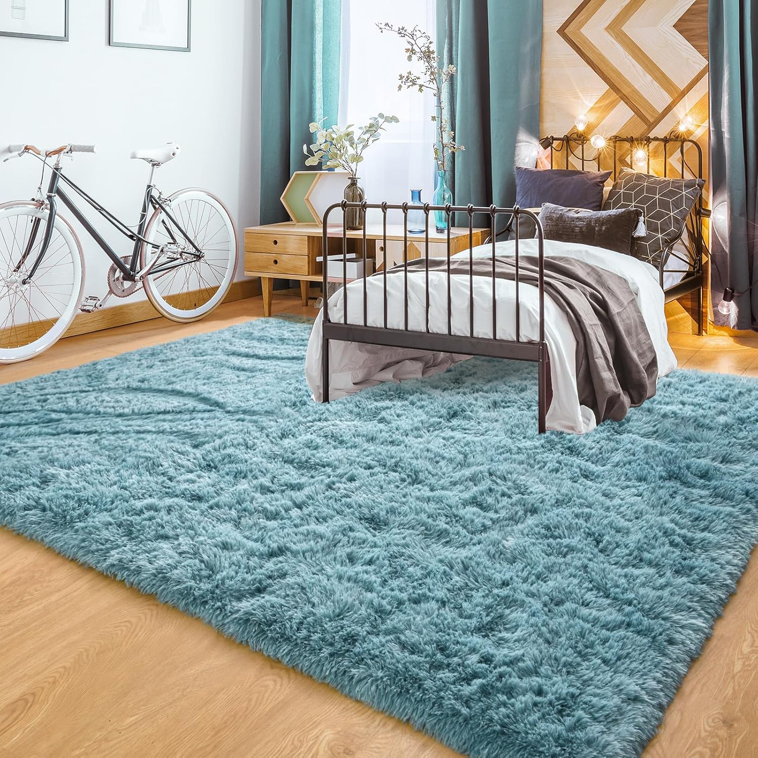 YJ.GWL Alfombras suaves y esponjosas para dormitorio, sala de estar, 5 x 8 pies, alfombra de pelo largo verde turquesa, alfombra de felpa para