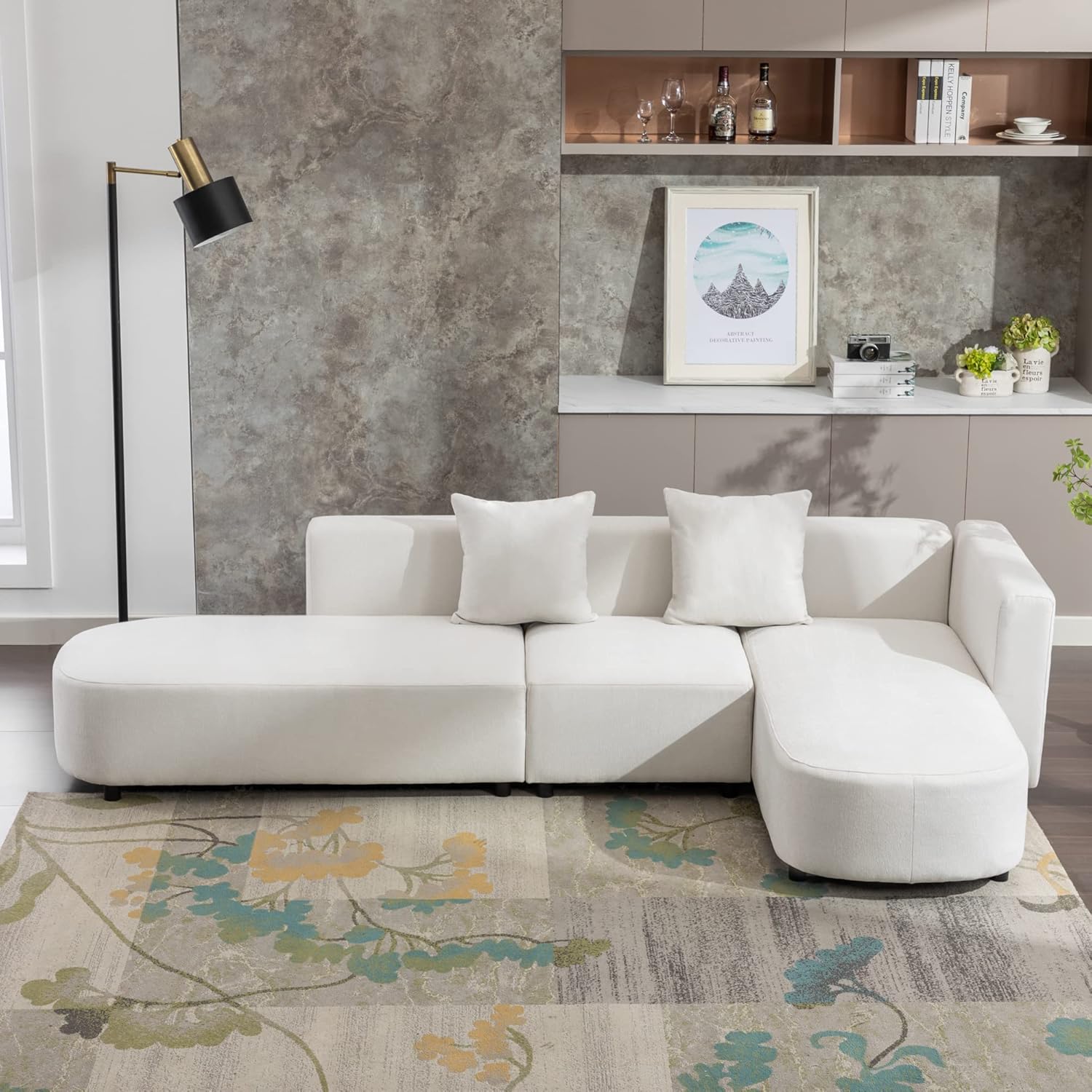 Sofá de estilo moderno de 110.2 pulgadas, sofá de lujo, tapizado otomano curvado de 4 asientos, sofá de felpilla orientado a la derecha para