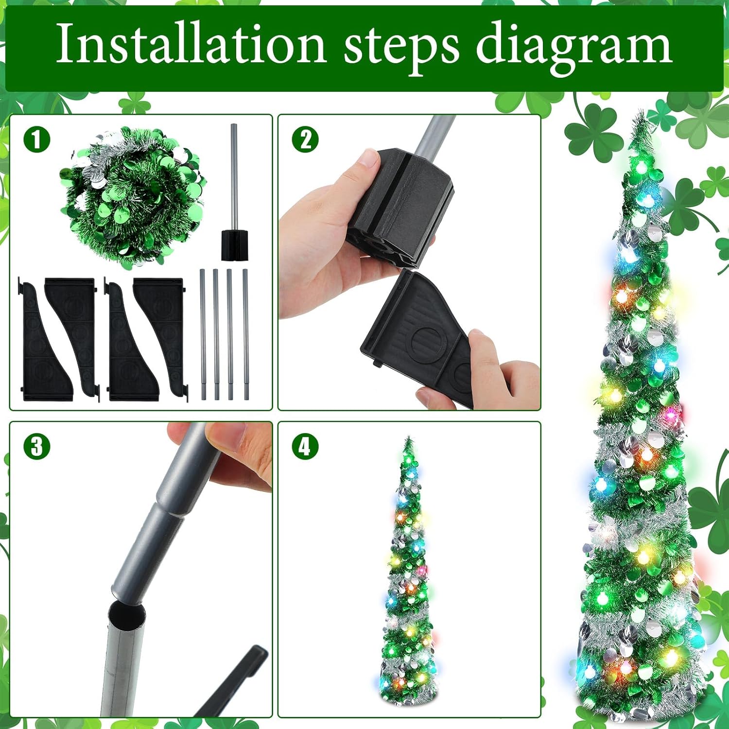 Sosation 2 piezas de árbol de 5 pies para el día de San Patricio preiluminado, árbol plegable artificial, plateado verde, árboles de oropel delgado