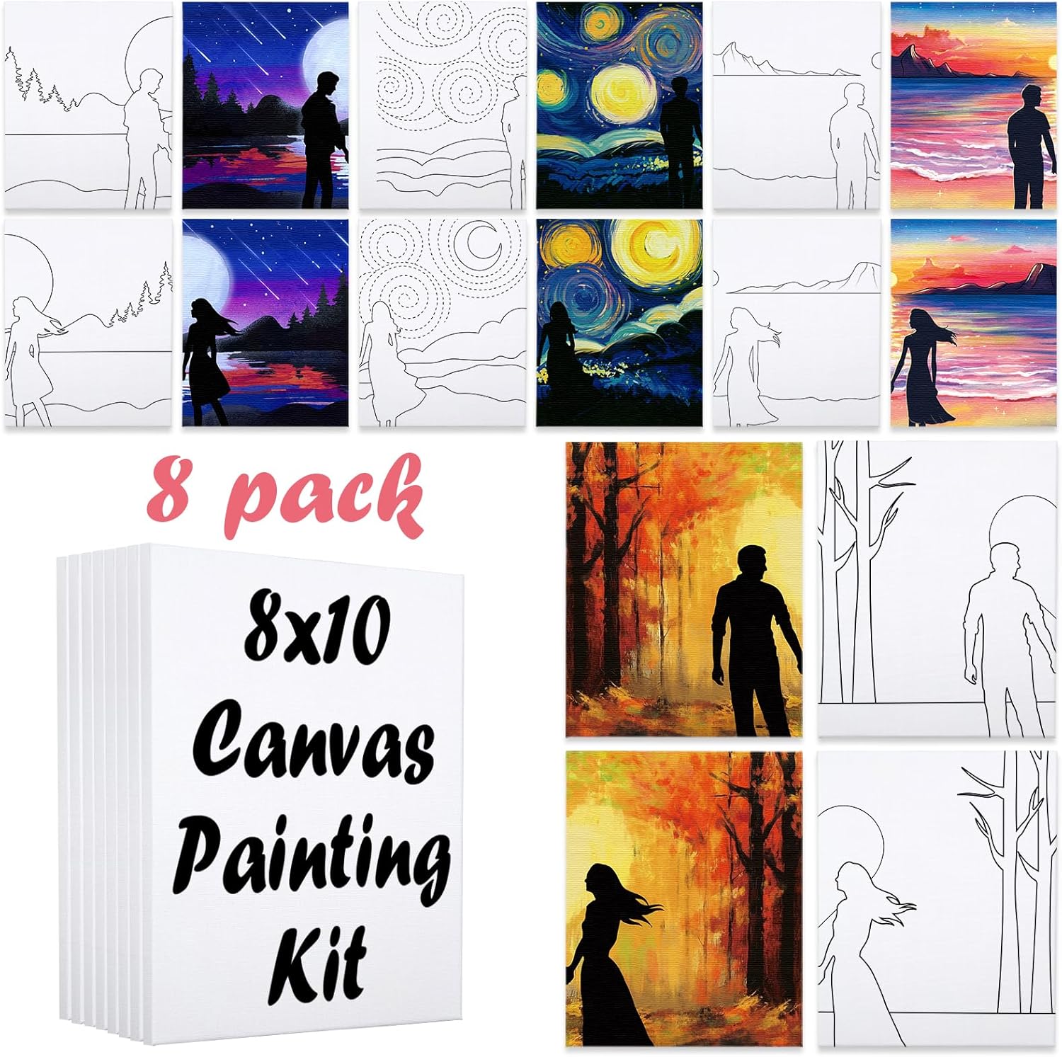 VOCHIC 8 piezas de lienzos predibujados para pintar para adultos, kit de sorbo y pintura, suministros de fiesta, juego de pintura en lienzo, juegos