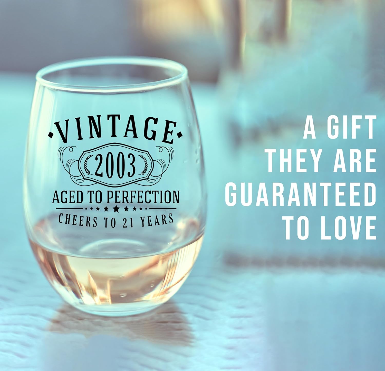Copa de vino sin tallo vintage 2003 con estampado negro de 17 onzas, regalos de feliz cumpleaños 21 para mujeres y hombres, saludos a 21 años,